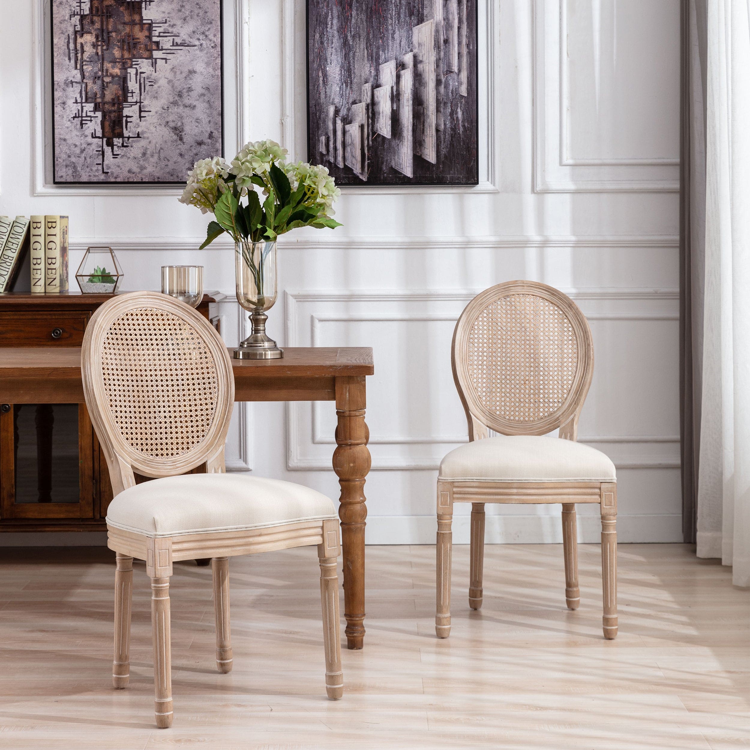 French Style Solid Wood Frame Antique Painting Linen Fabric Rattan Back Dining Chair,Set of 2,Cream