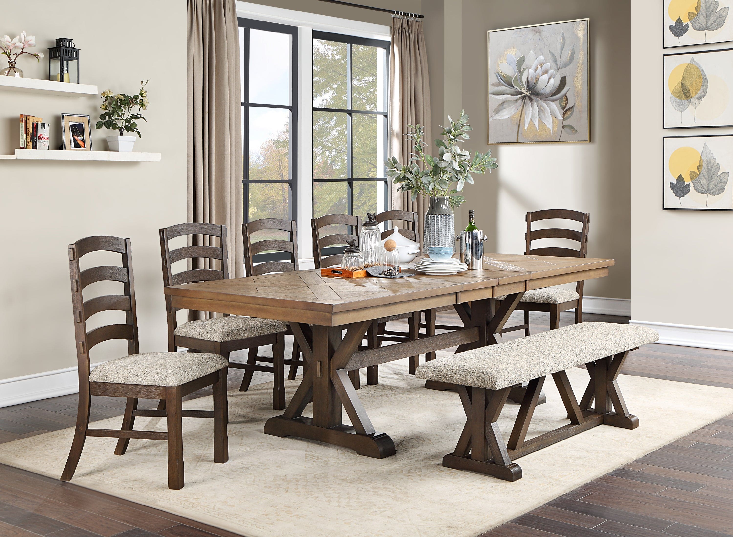 ACME Pascaline Dining Table, Gray Fabric, Rustic Brown & Oak Finish DN00702