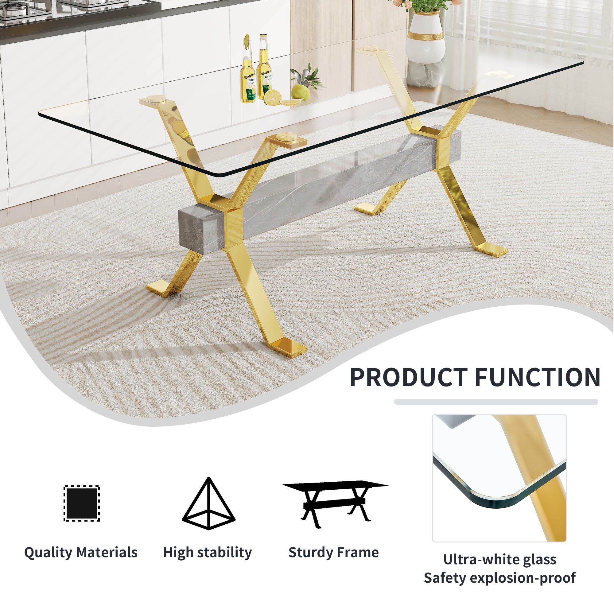 1 table and 8 chairs. Modern, simple and luxurious tempered glass rectangular dining table and desk with 8 white PU gold plated leg chairs 79''x39''x30''