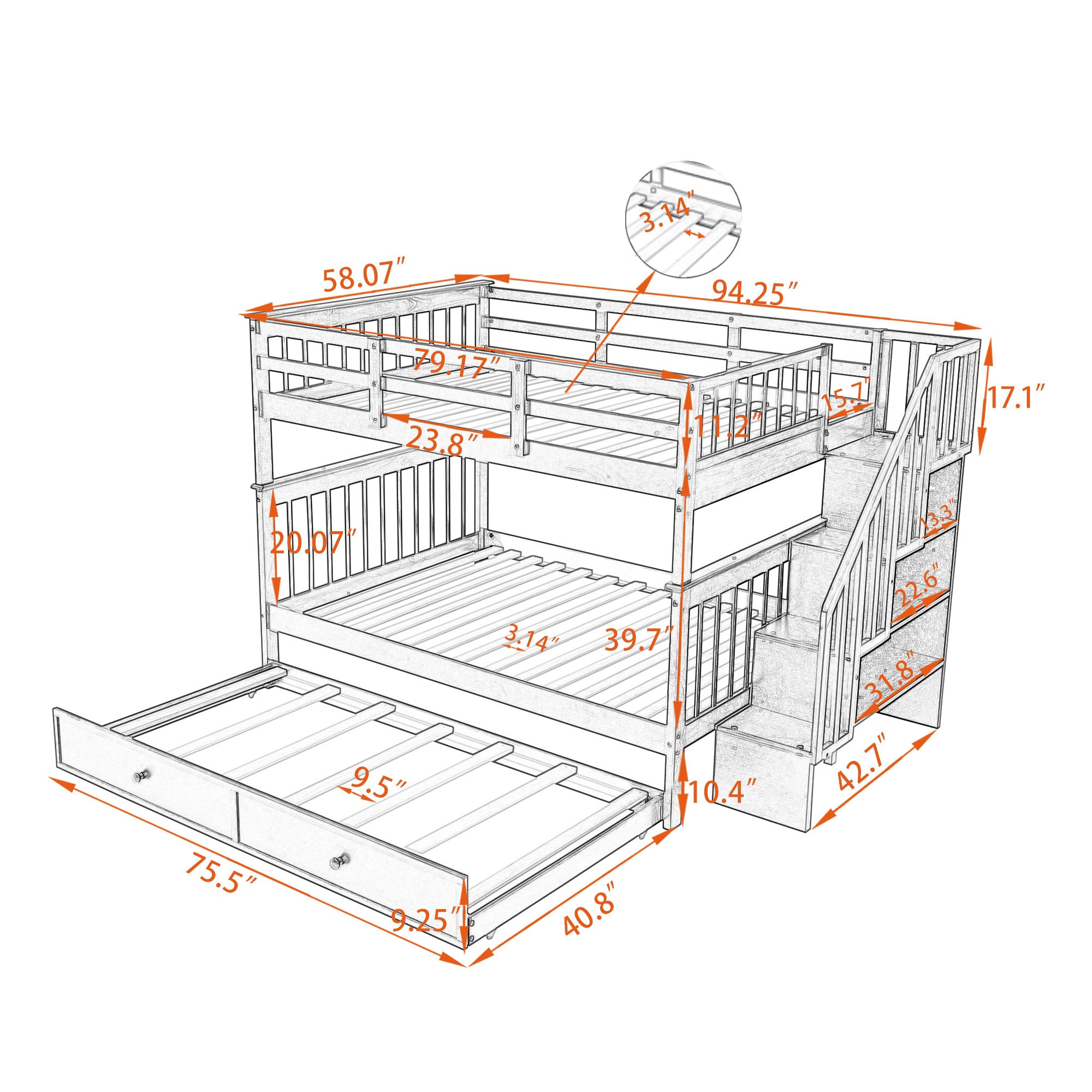 Stairway Full-Over-Full Bunk Bed with Twin size Trundle, Storage and Guard Rail for Bedroom, Dorm - Gray(OLD SKU :LP001210AAE)