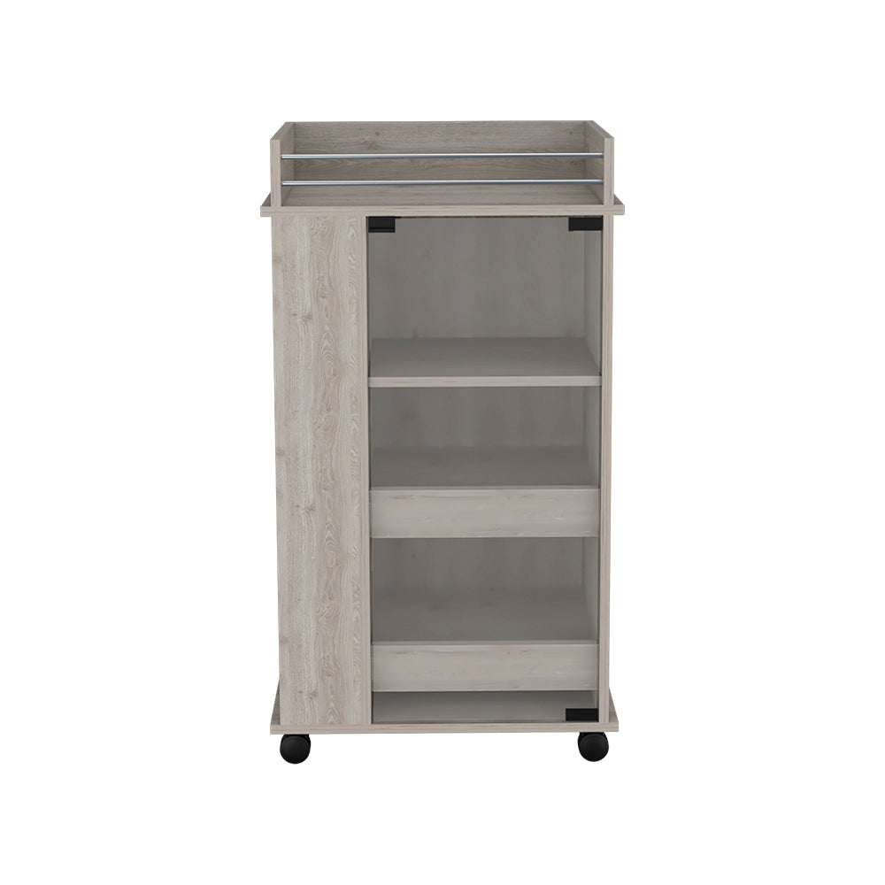 Bar Cart with Two-Side Shelves Beaver, Glass Door and Upper Surface, Light Gray Finish