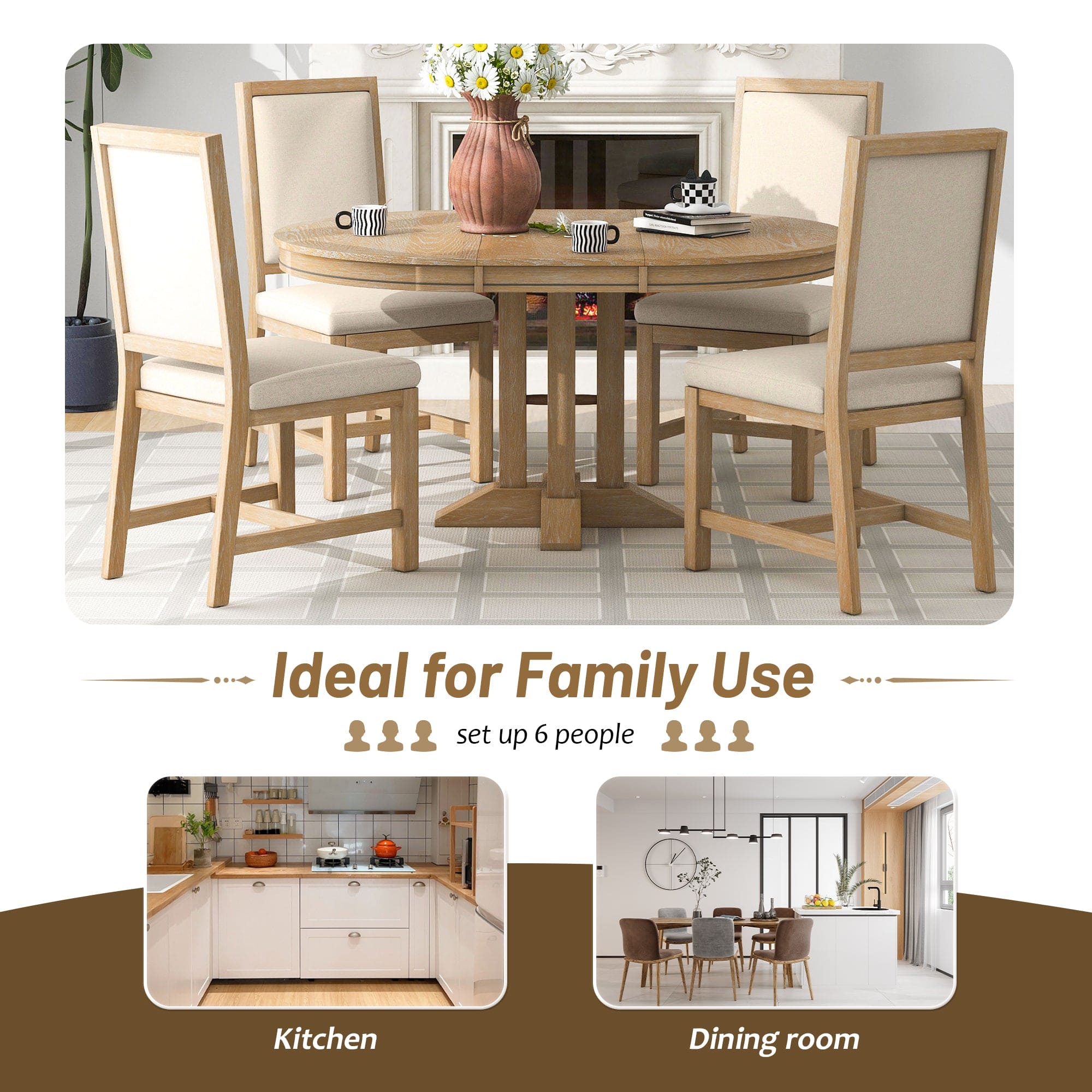 TREXM 5-Piece Dining Set Extendable Round Table and 4 Upholstered Chairs Farmhouse Dining Set for Kitchen, Dining Room(Natural Wood Wash)