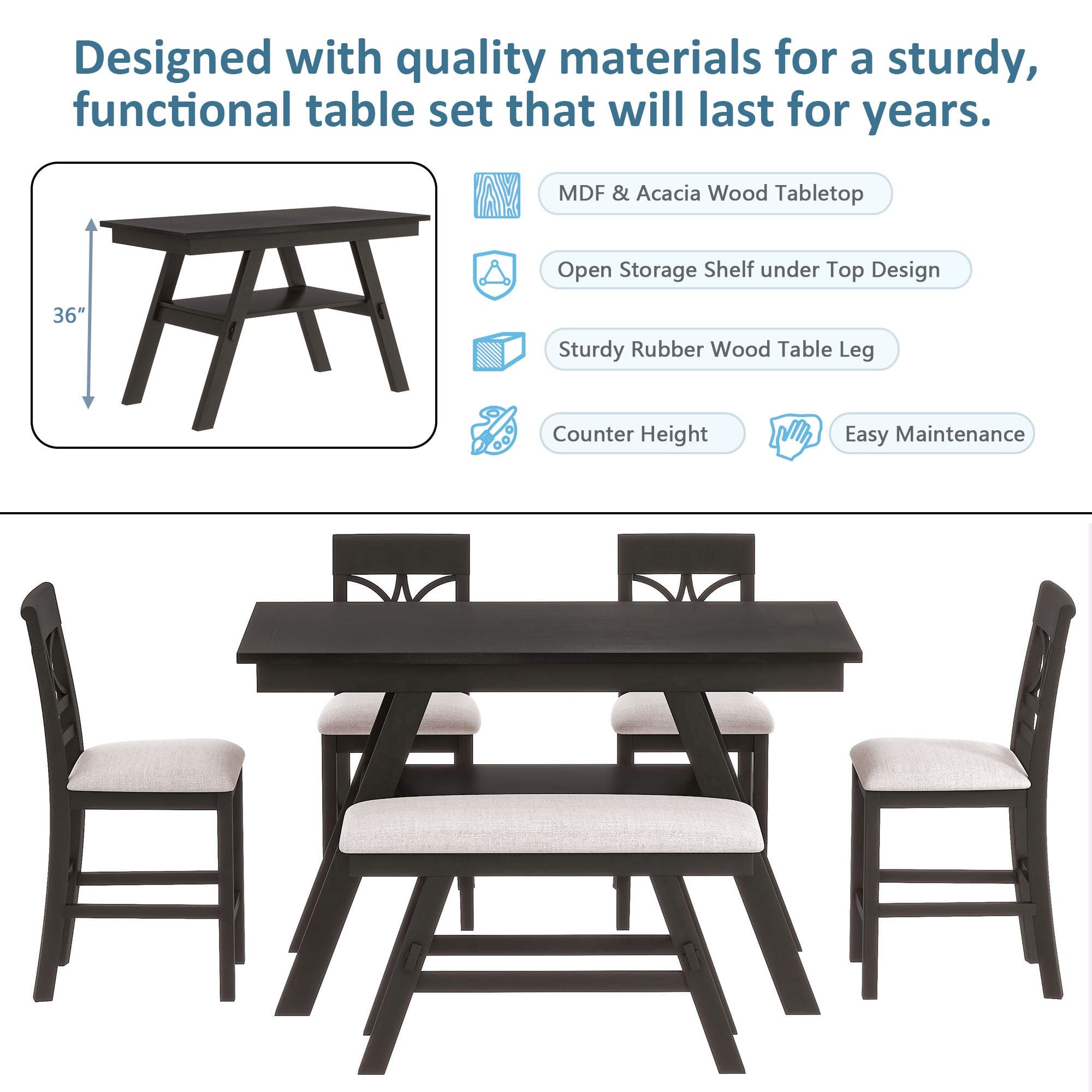 TOPMAX 6-Piece Wood Counter Height Dining Table Set with Storage Shelf, Kitchen Table Set with Bench and 4 Chairs,Rustic Style,Espresso+Beige Cushion