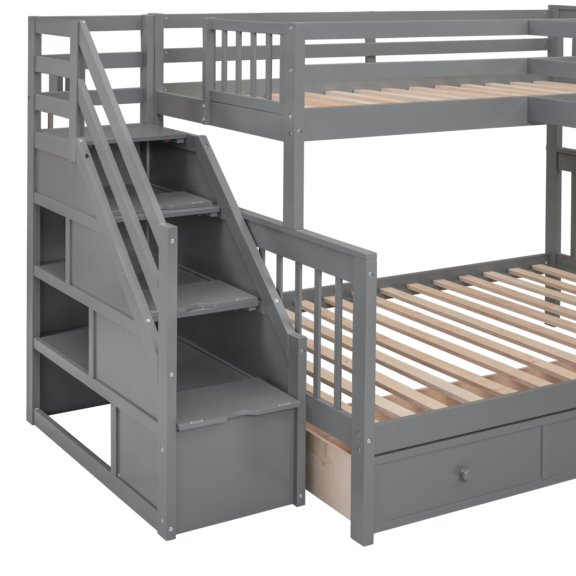 Twin-Twin over Full L-Shaped Bunk Bed With 3 Drawers, Portable Desk and Wardrobe, Gray