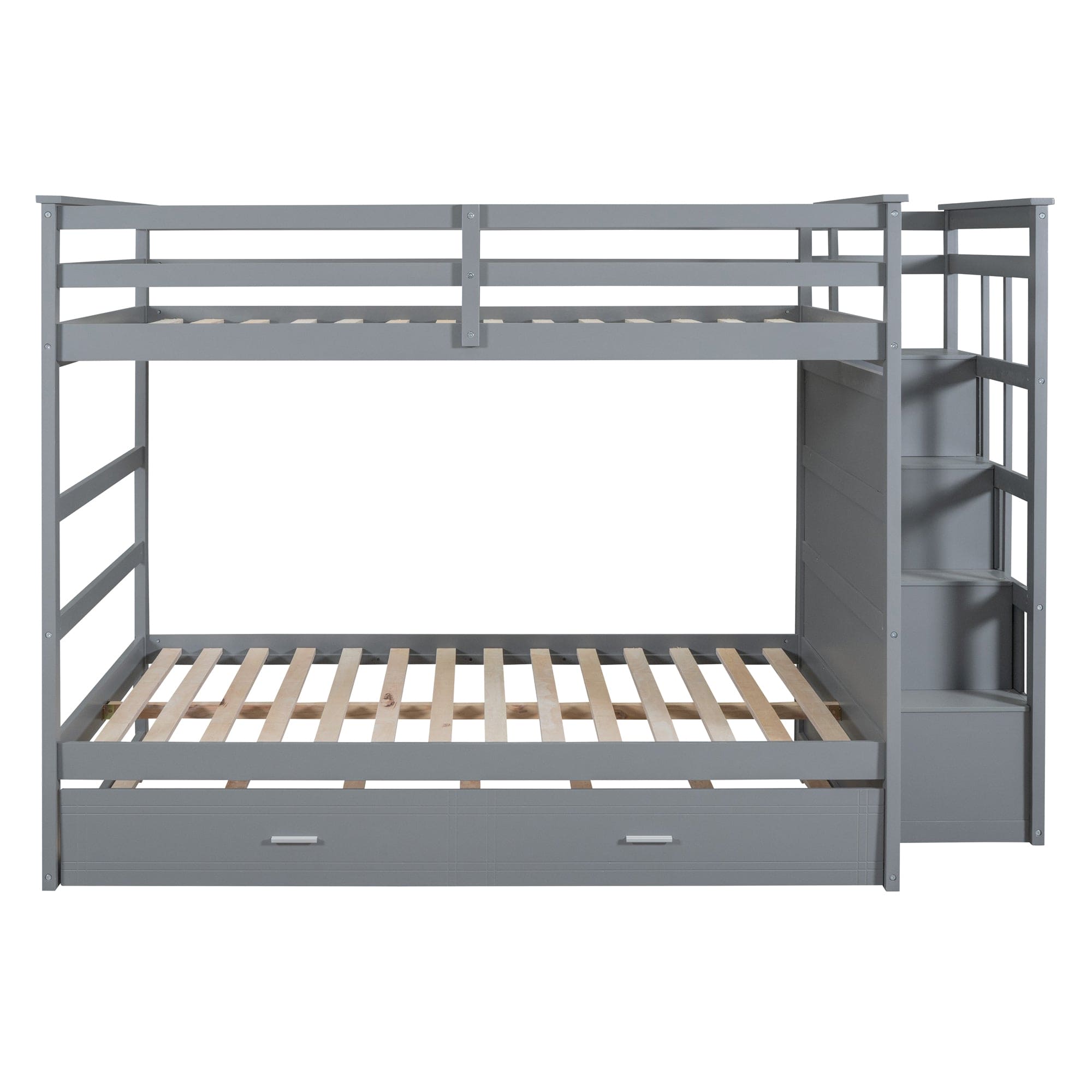 Full Over Full Bunk Bed with Twin Size Trundle and Staircase, Gray