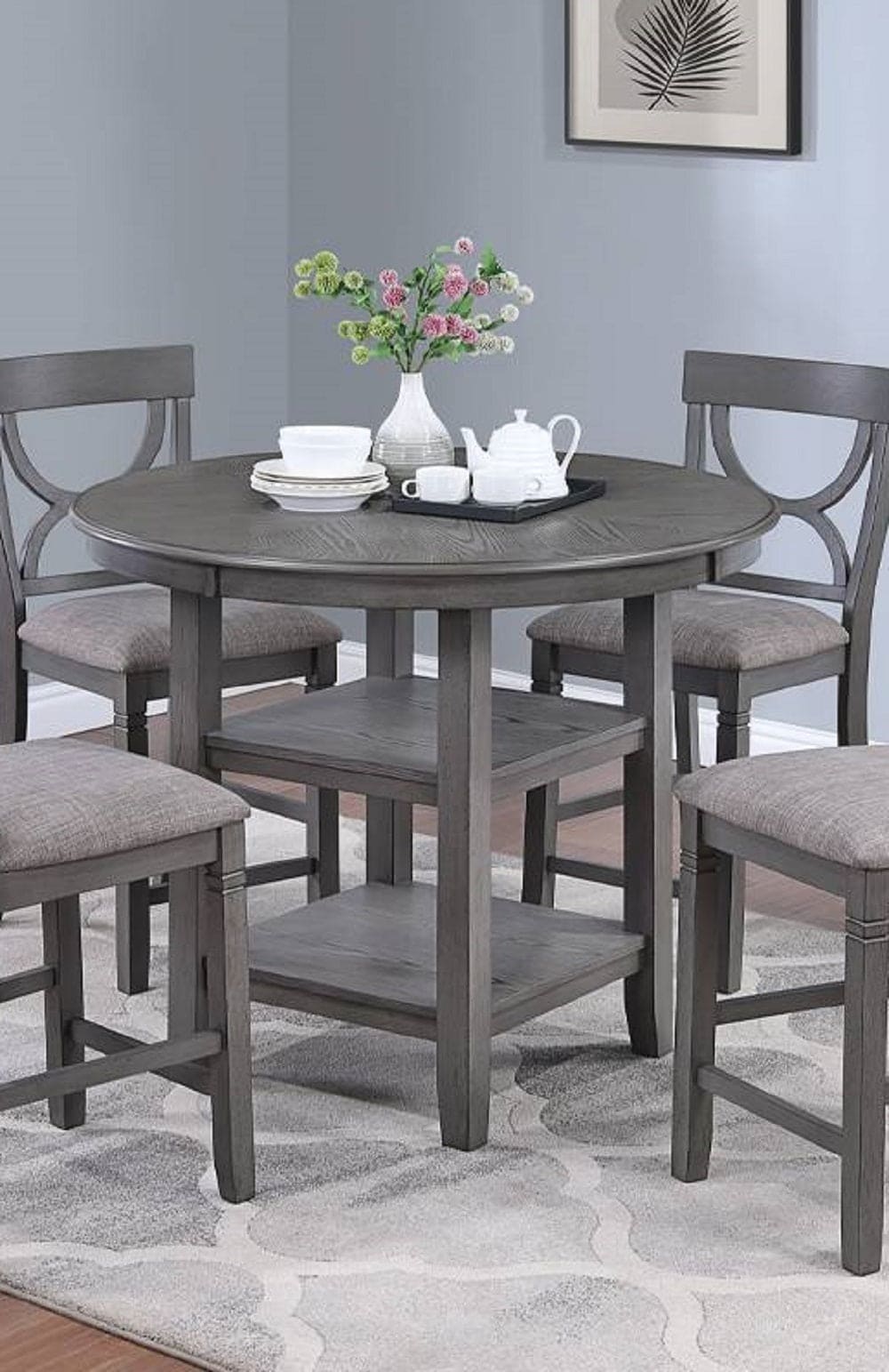 Counter Height Dining Table w Storage Shelve 4x Chairs Padded Seat Unique Design Back 5pc Dining Set Gray Color