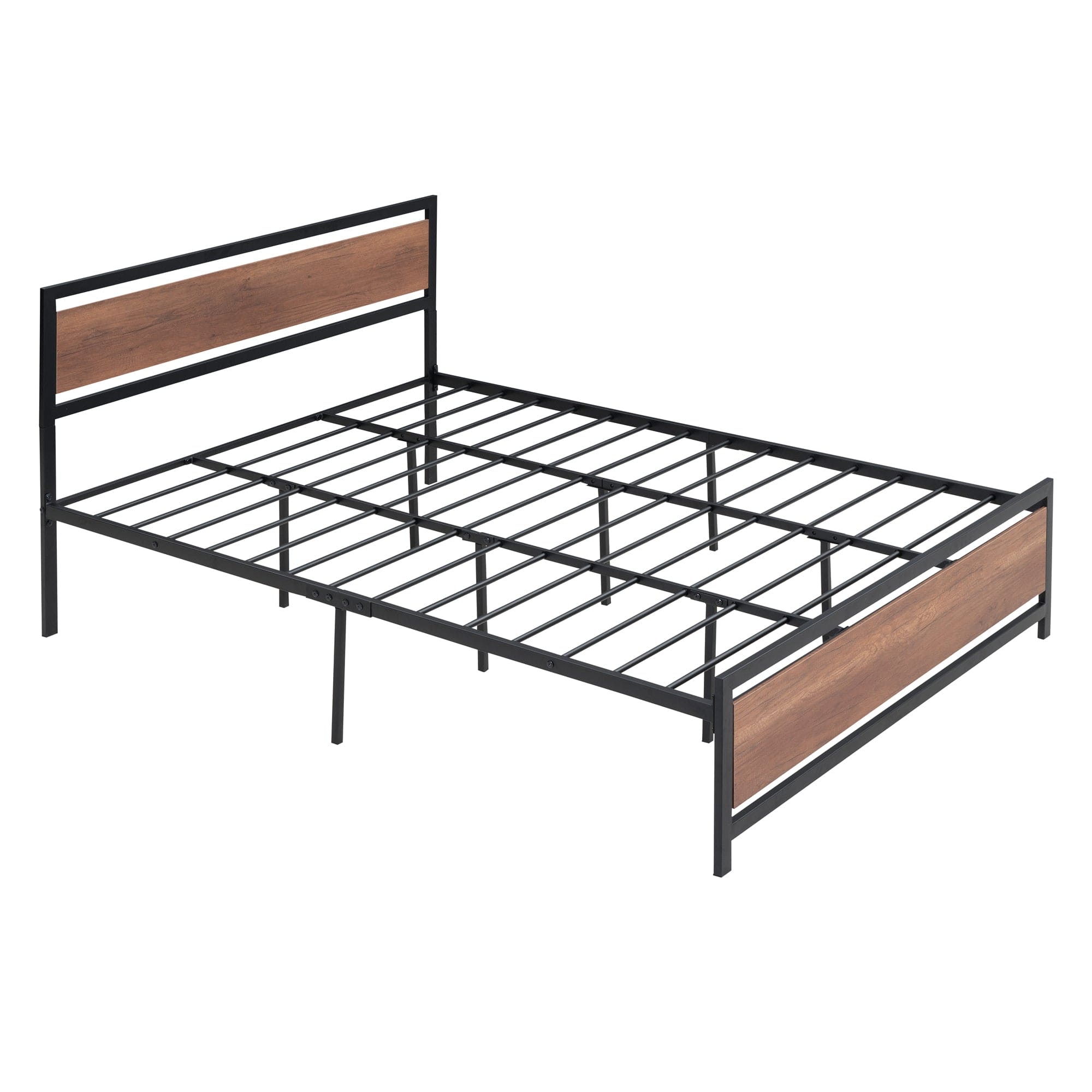 Queen Size Platform Bed, Metal and Wood Bed Frame with Headboard and Footboard , Black