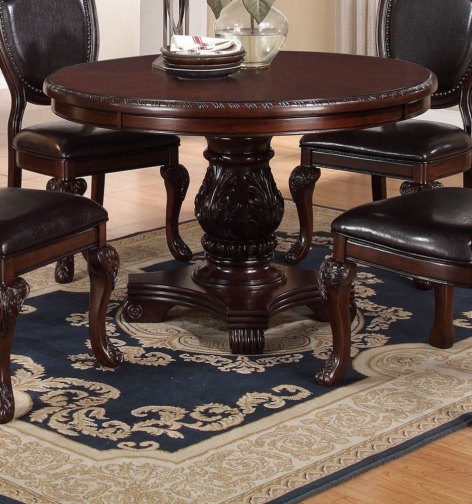 Classic Formal Dining Room Table And 4x Side Chairs Brown 5pc Set Dining Table Pedestal Base Antique Round Table Faux Leather Upholstered Chair