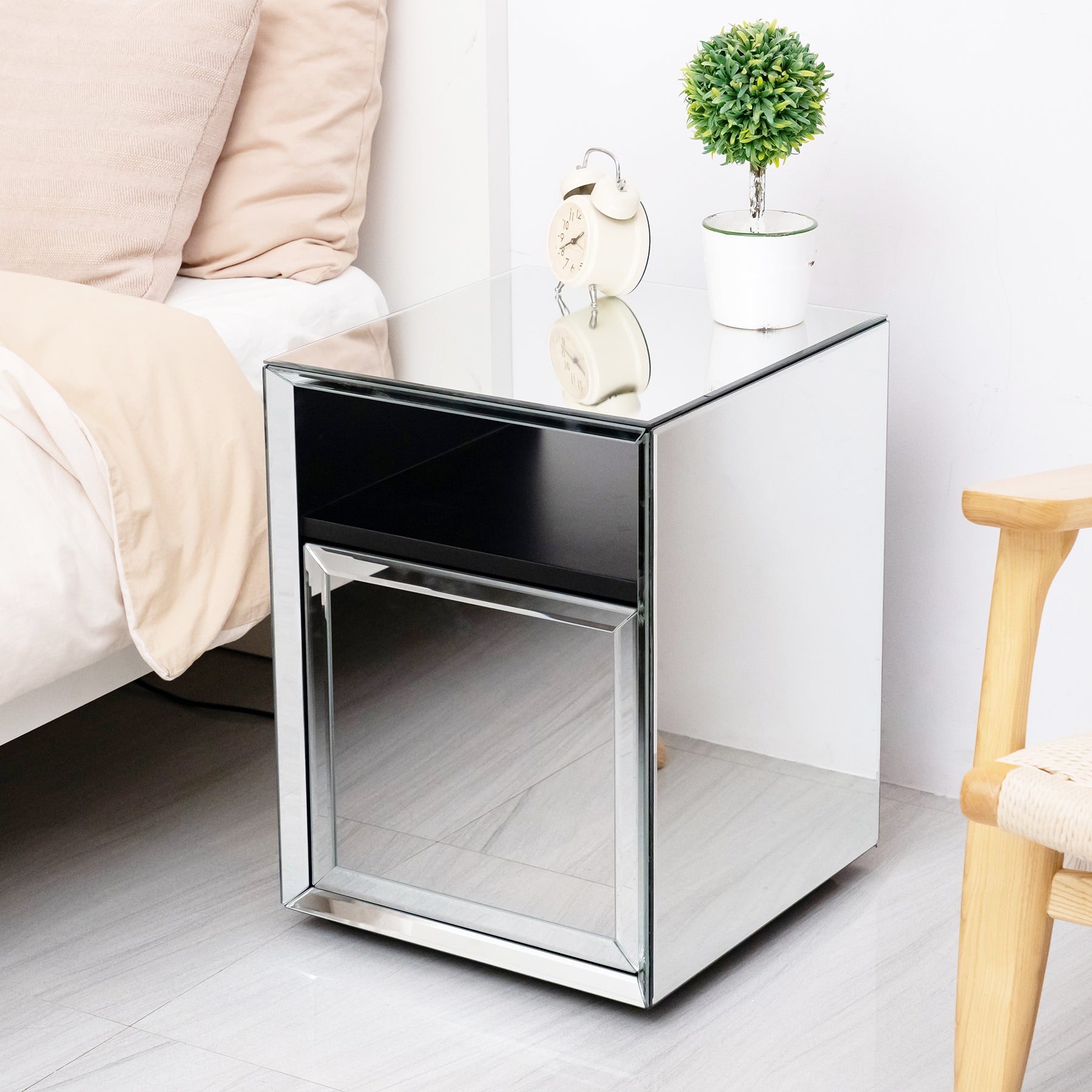 Mirrored Nightstand, LED Nightstand, Smart Bedside Table,Silver End Table (Built-in 142 Dynamic Effects and 18 Music Effects)