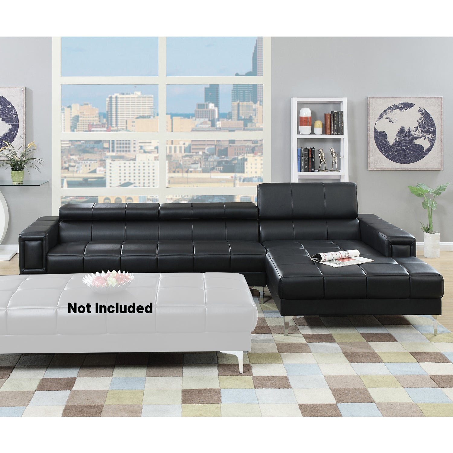 Bonded Leather Sectional Sofa with Adjustable Headrest in Black