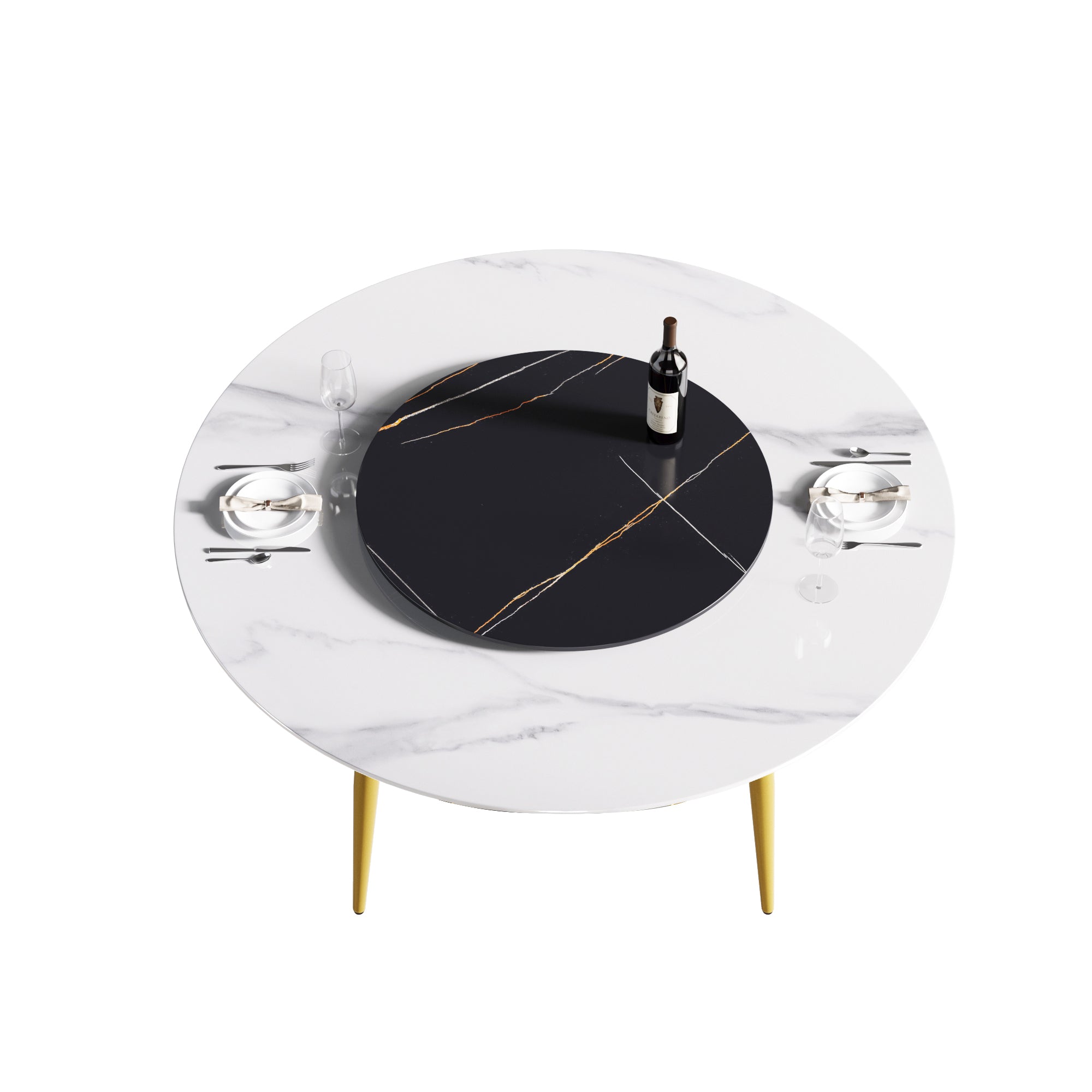 59.05"Modern artificial stone round golden metal dining table-can accommodate 6 people-31.5"black artificial stone turntable