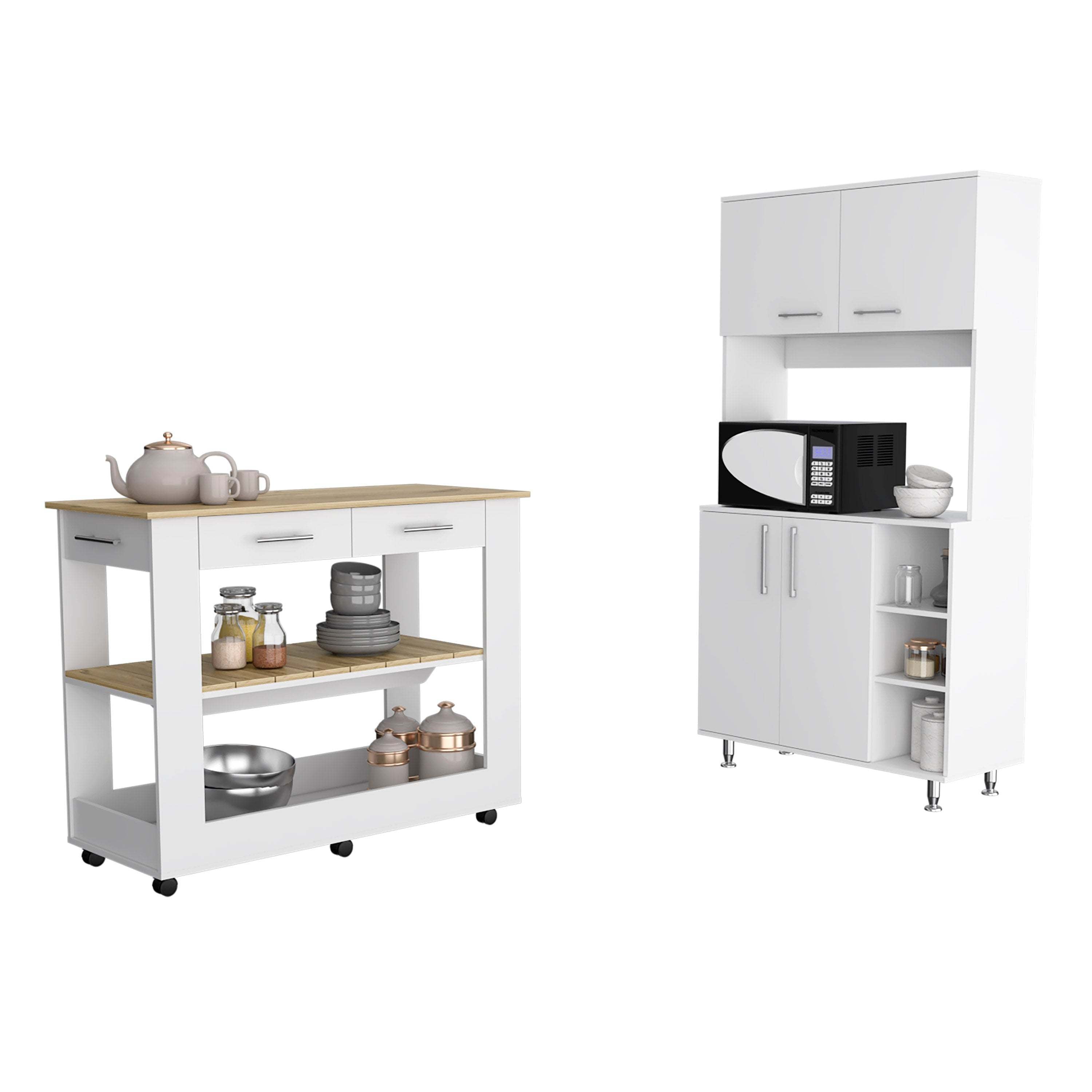 Nadina 4-Door 2-Drawer 2-piece Kitchen Set, Kitchen Island and Kitchen Pantry White and Light Oak