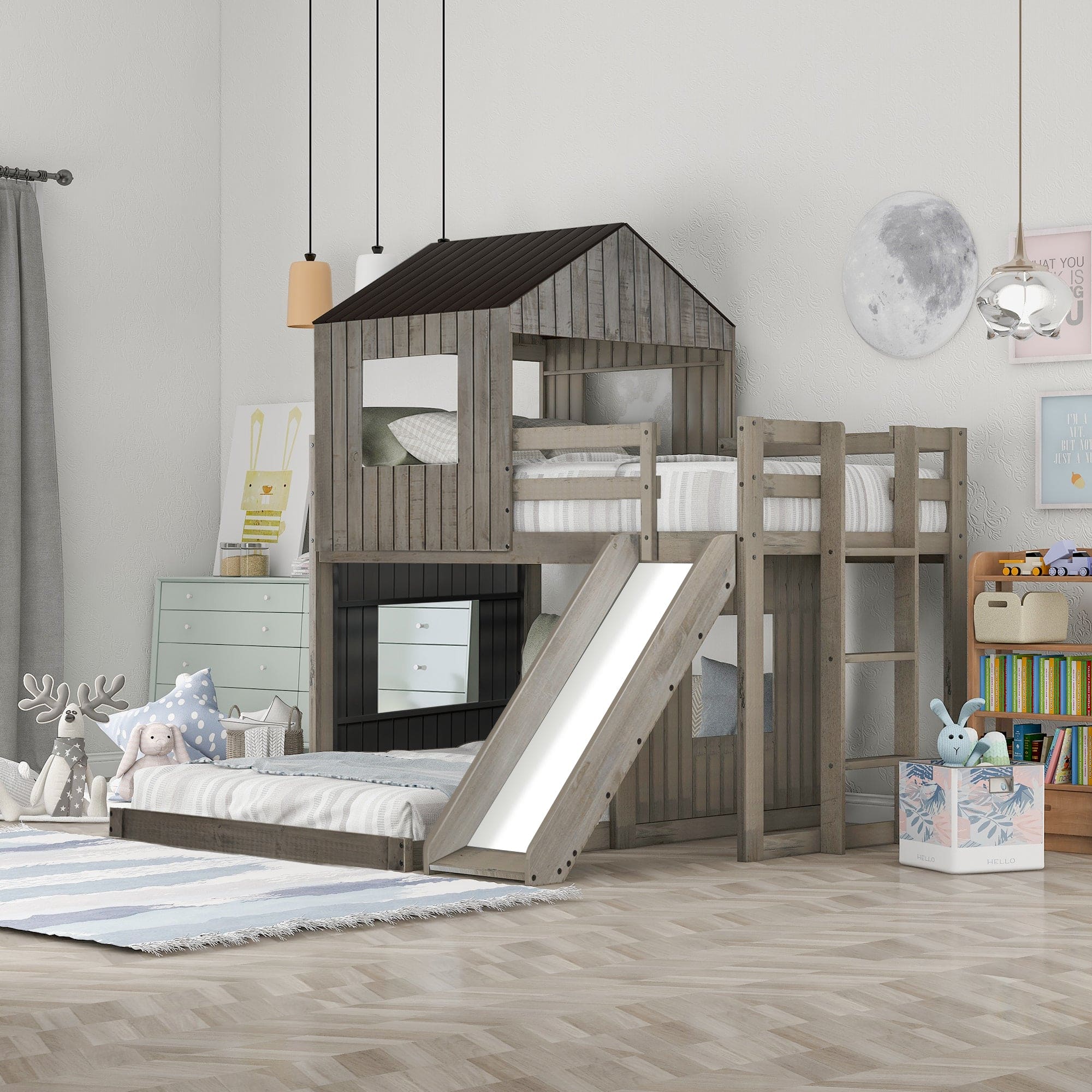 Wooden Twin Over Full Bunk Bed, Loft Bed with Playhouse, Farmhouse, Ladder, Slide and Guardrails, Antique Gray(OLD SKU :LT000028AAE)