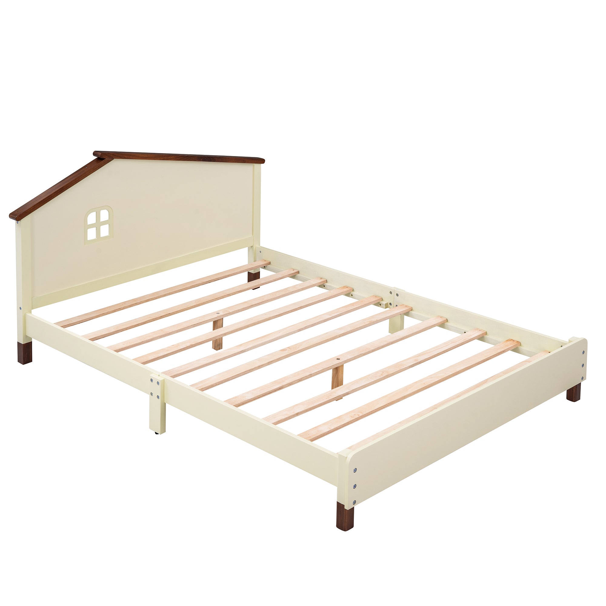 Full Size Wood Platform Bed with House-shaped Headboard  (Cream+Walnut)