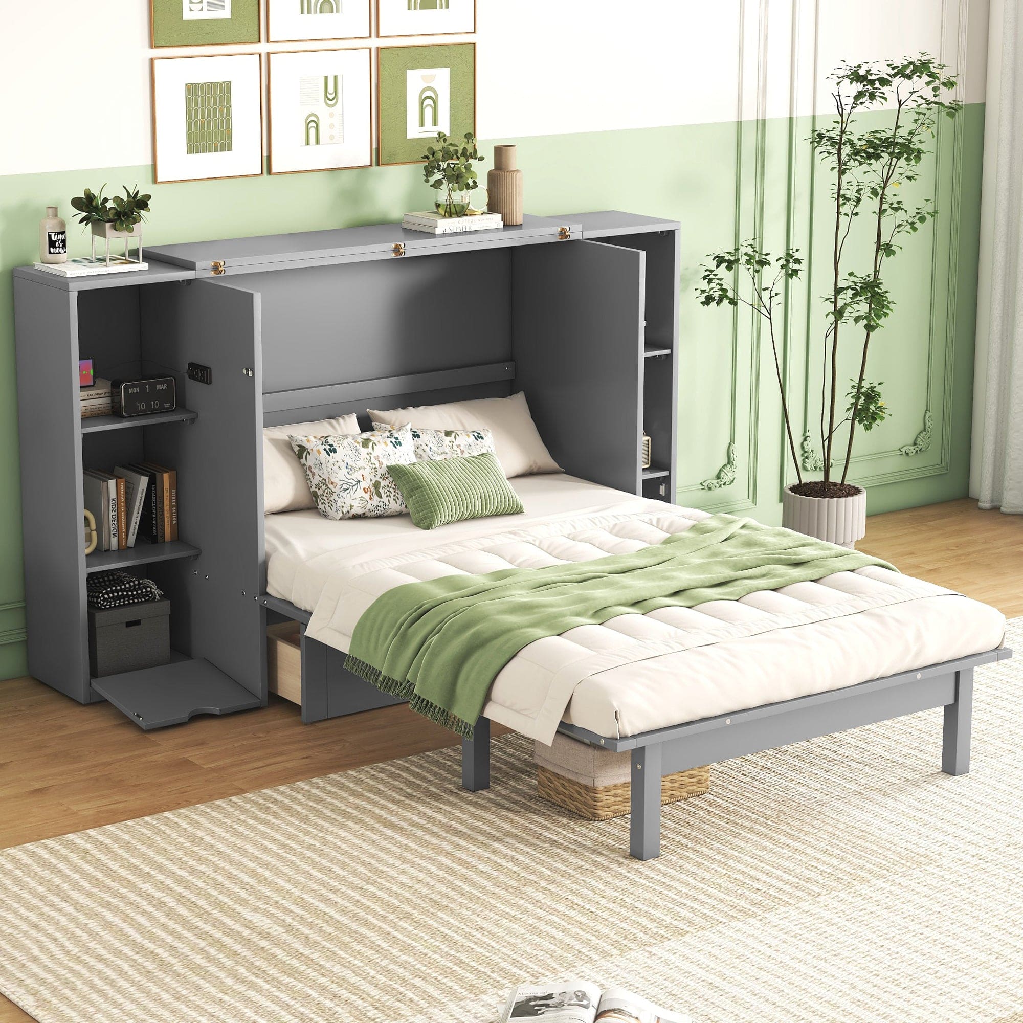 Queen Size Murphy Bed with Shelves, Drawers and USB Ports,Gray