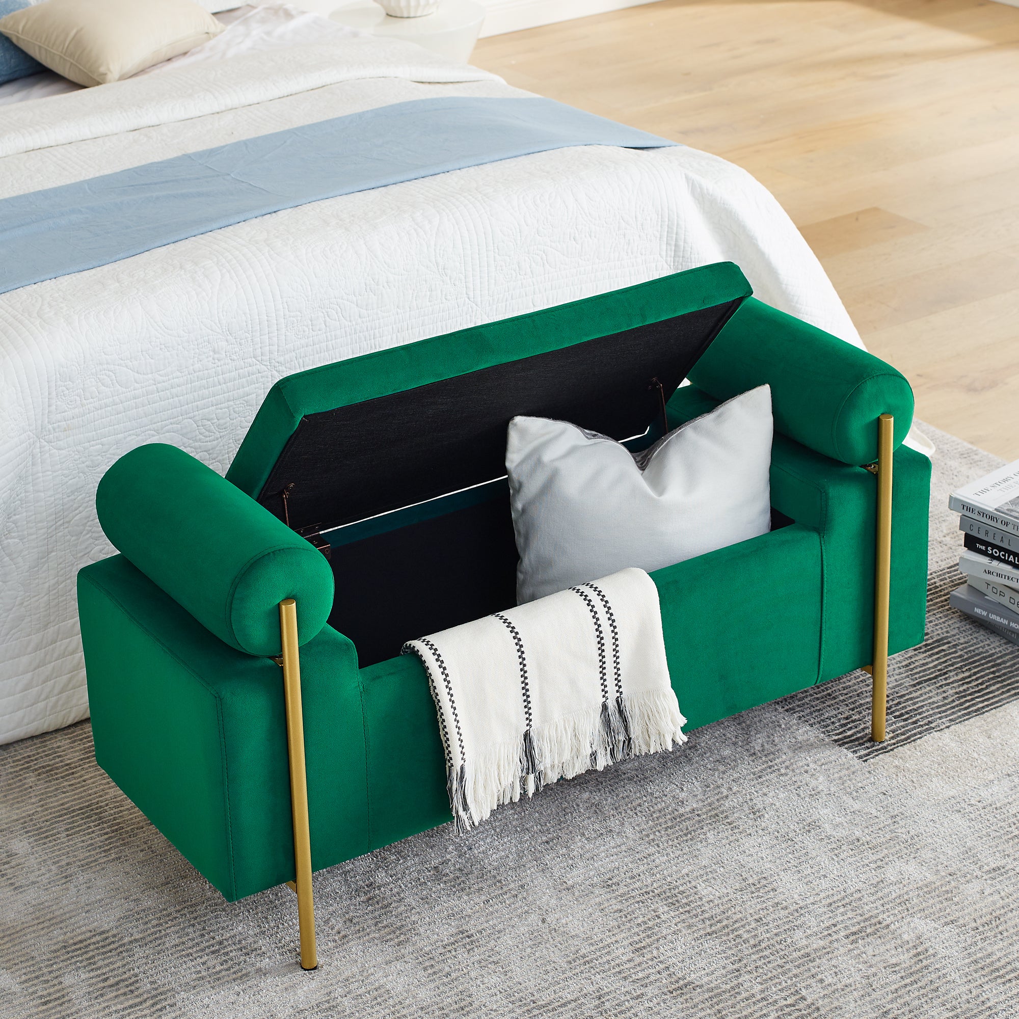 Elegant Upholstered Velvet Storage Bench with Cylindrical Arms and Iron Legs for Hallway Living Room Bedroom, Green