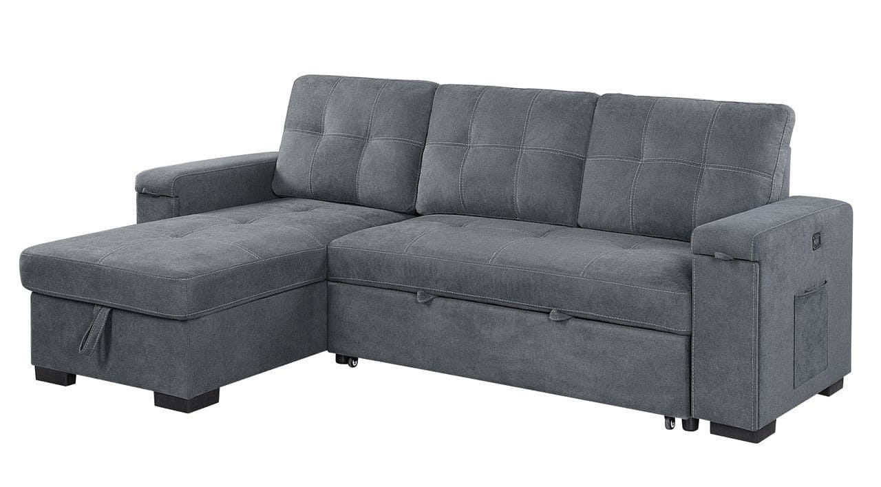 Toby Gray Woven Fabric Reversible Sleeper Sectional Sofa with Storage Chaise Cup Holder USB Ports and Pockets