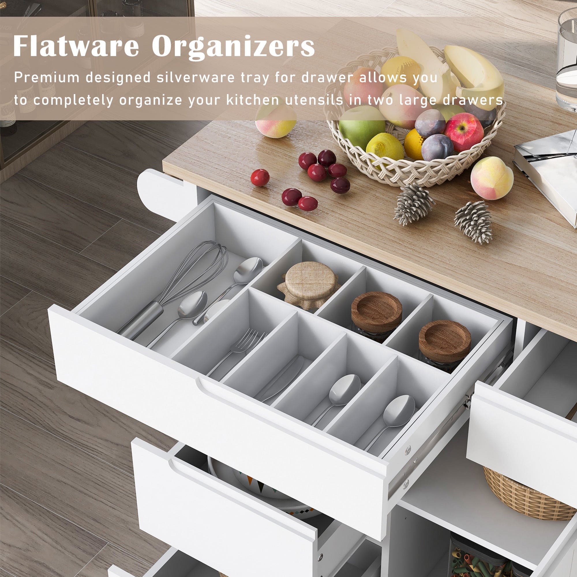 K&K Store Kitchen Cart with Rubber Wood Countertop , Kitchen Island has 8 Handle-Free Drawers Including a Flatware Organizer and 5 Wheels for Kitchen Dinning Room, White