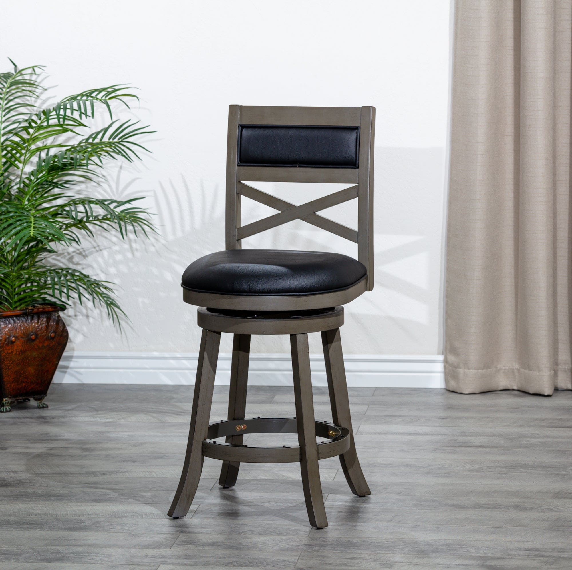 24" Counter Height X-Back Swivel Stool, Weathered Gray Finish, Black Leather Seat