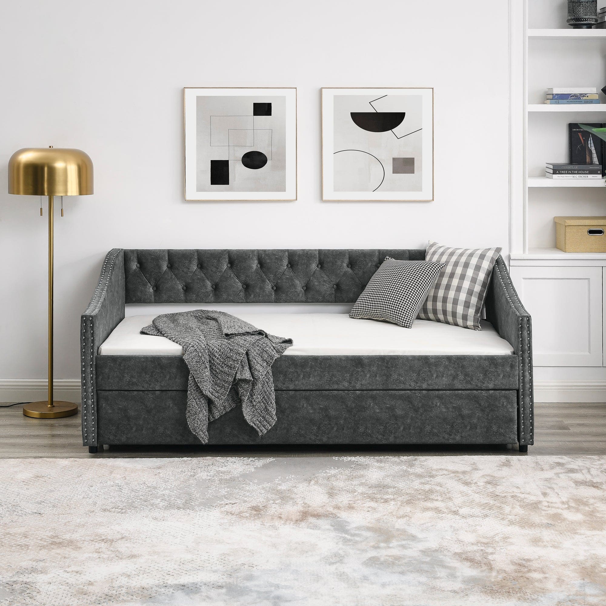 Twin Size Daybed with Twin Size Trundle Upholstered Tufted Sofa Bed, with Button on Back and Copper Nail on Waved Shape Arms, Grey (80.5"x41"x30.5")