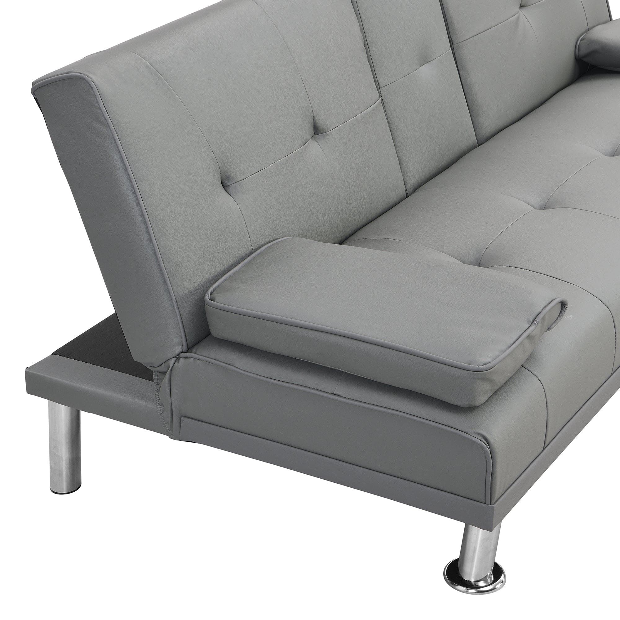 sofa bed with Armrest two holders  WOOD FRAME, STAINLESS LEG, FUTON GREY PVC