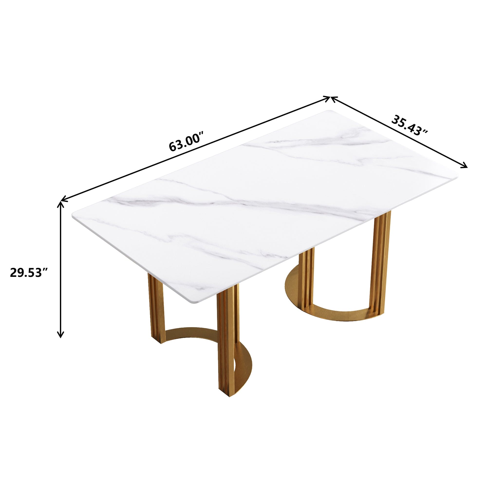 63"Modern artificial stone white straight edge golden metal leg dining table -6 people