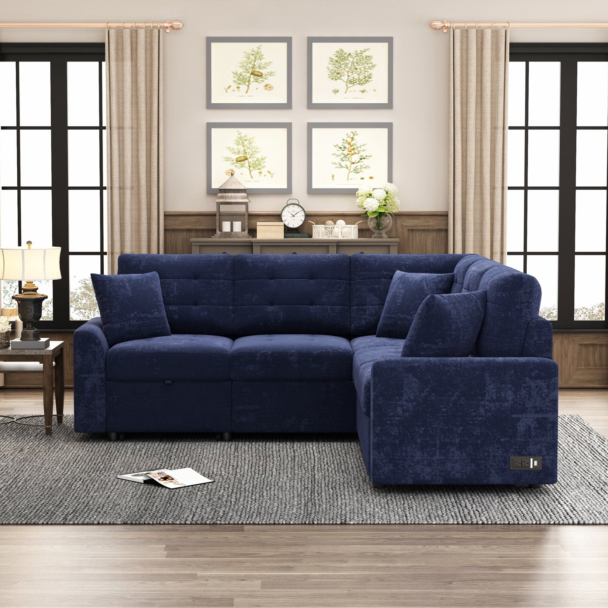 82.6" L-shape Sofa Bed Pull-out Sleeper Sofa with Wheels, USB Ports, Power Sockets for Living Room, Navy Blue