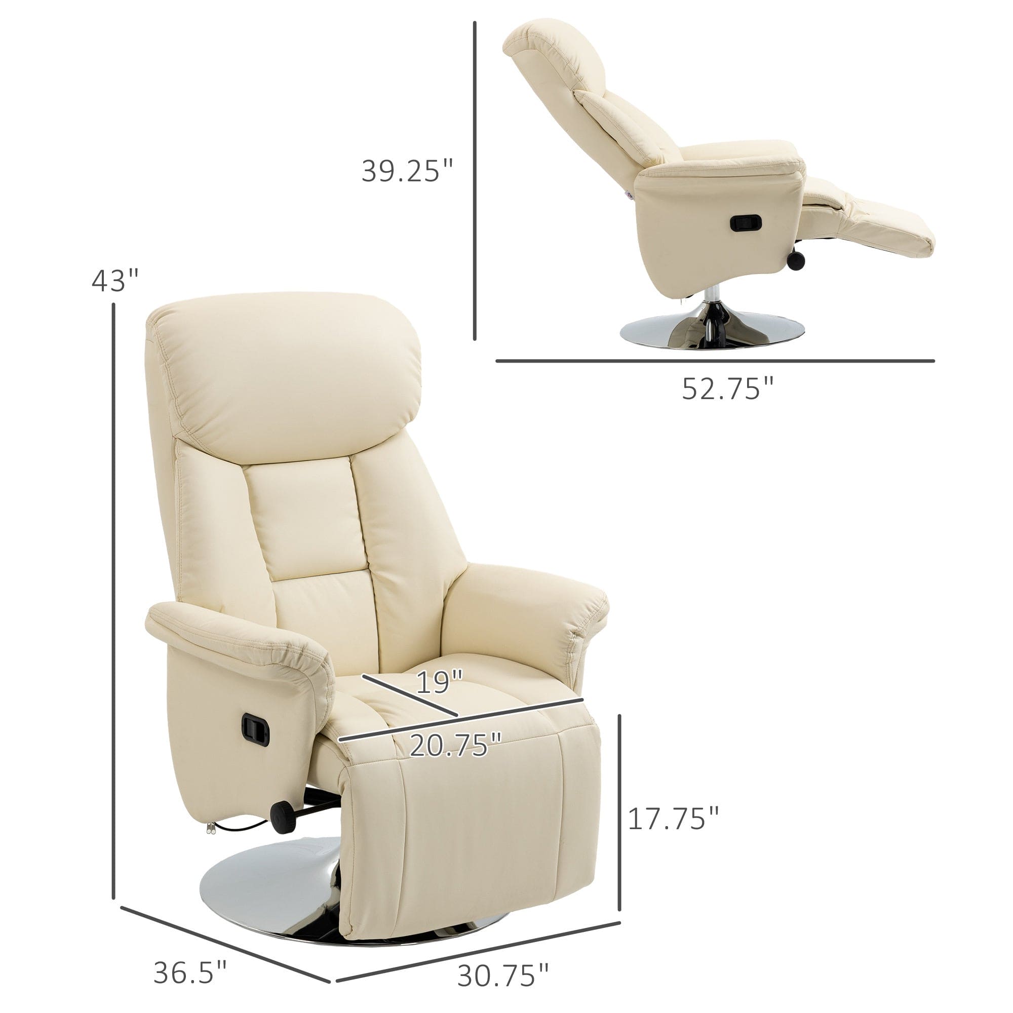 HOMCOM Manual Recliner Chair for Adults, Adjustable Swivel Recliner with Footrest, Padded Arms, PU Leather Upholstery and Steel Base for Living Room, Cream White