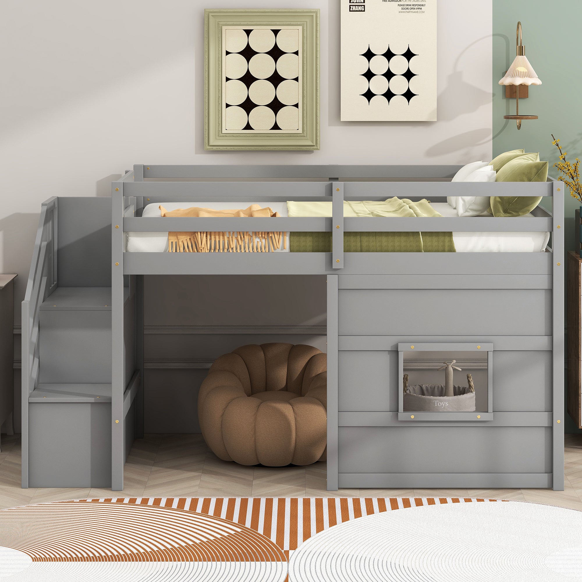 Twin Size Loft Bed with Storage Staircase and Window, Gray