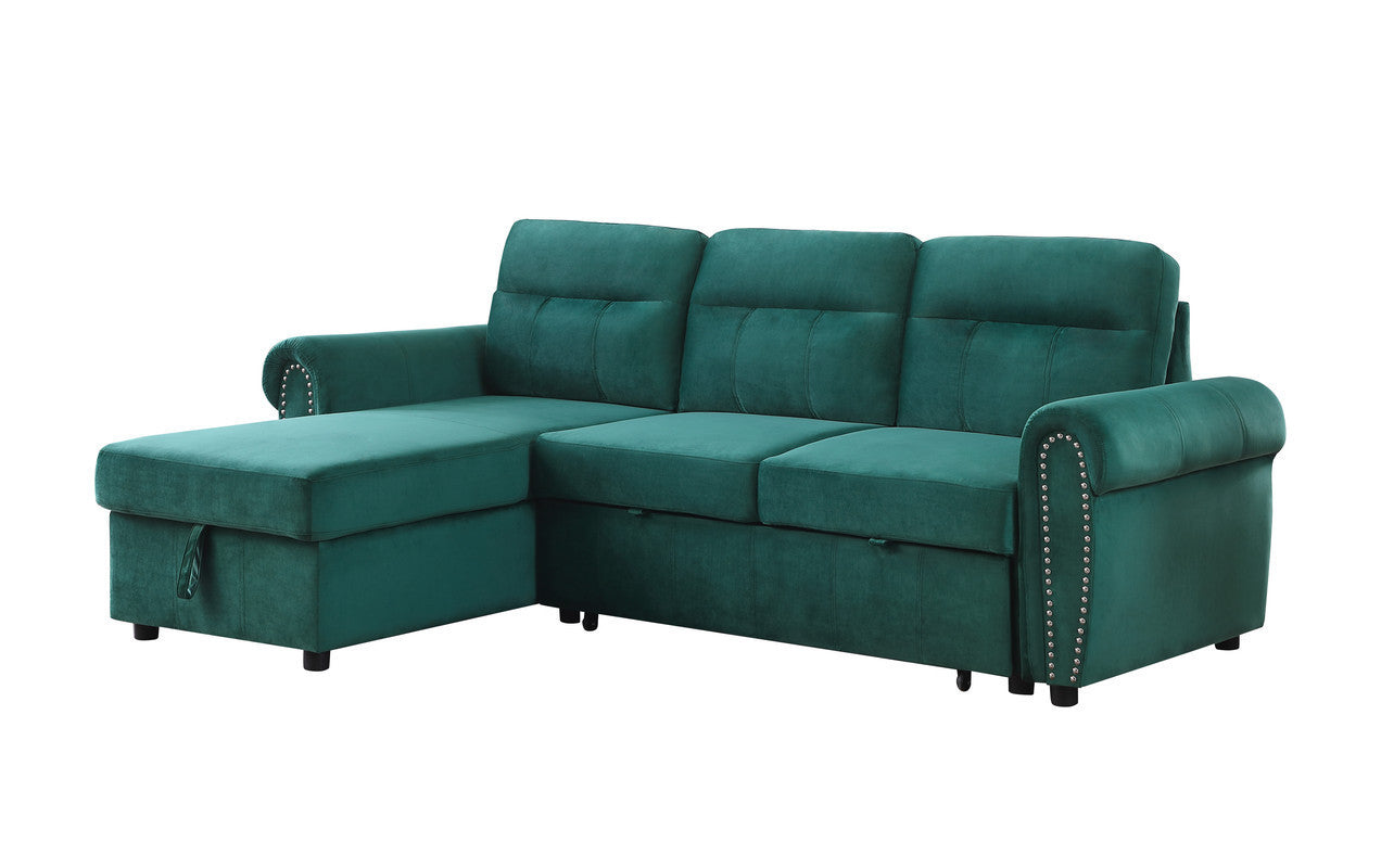 Ashton Green Velvet Fabric Reversible Sleeper Sectional Sofa Chaise