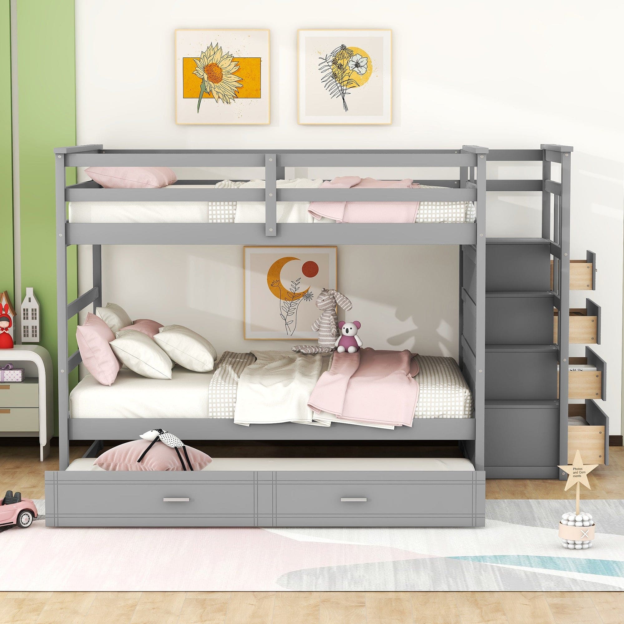 Full Over Full Bunk Bed with Twin Size Trundle and Staircase, Gray