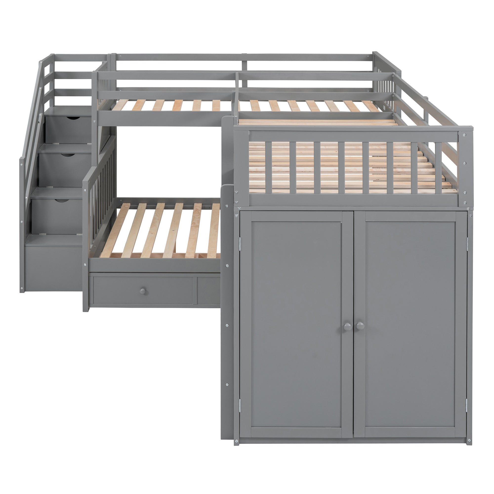 Twin-Twin over Full L-Shaped Bunk Bed With 3 Drawers, Portable Desk and Wardrobe, Gray