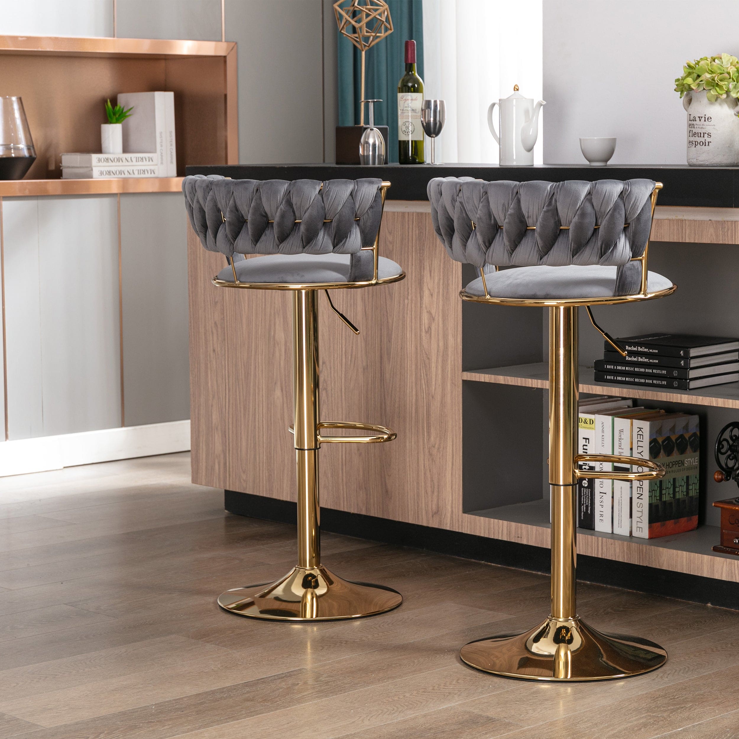 Set of 2  Bar Stools,with Chrome Footrest and Base Swivel Height Adjustable Mechanical Lifting Velvet + Golden Leg Simple Bar Stool-gray