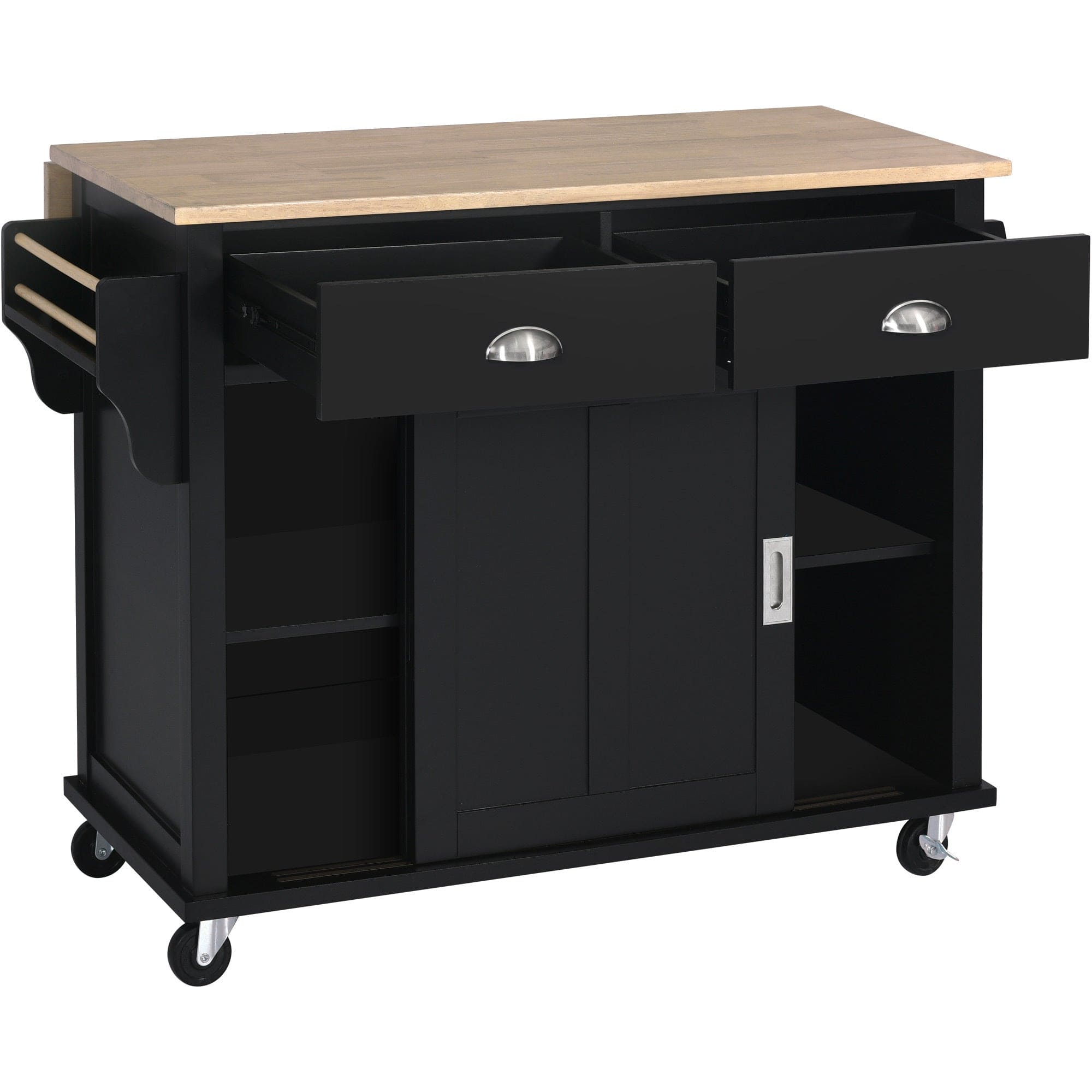 Kitchen Cart with Rubber wood Drop-Leaf Countertop, Concealed sliding barn door adjustable height,Kitchen Island on 4 Wheels with Storage Cabinet and 2 Drawers,L52.2xW30.5xH36.6 inch, Black