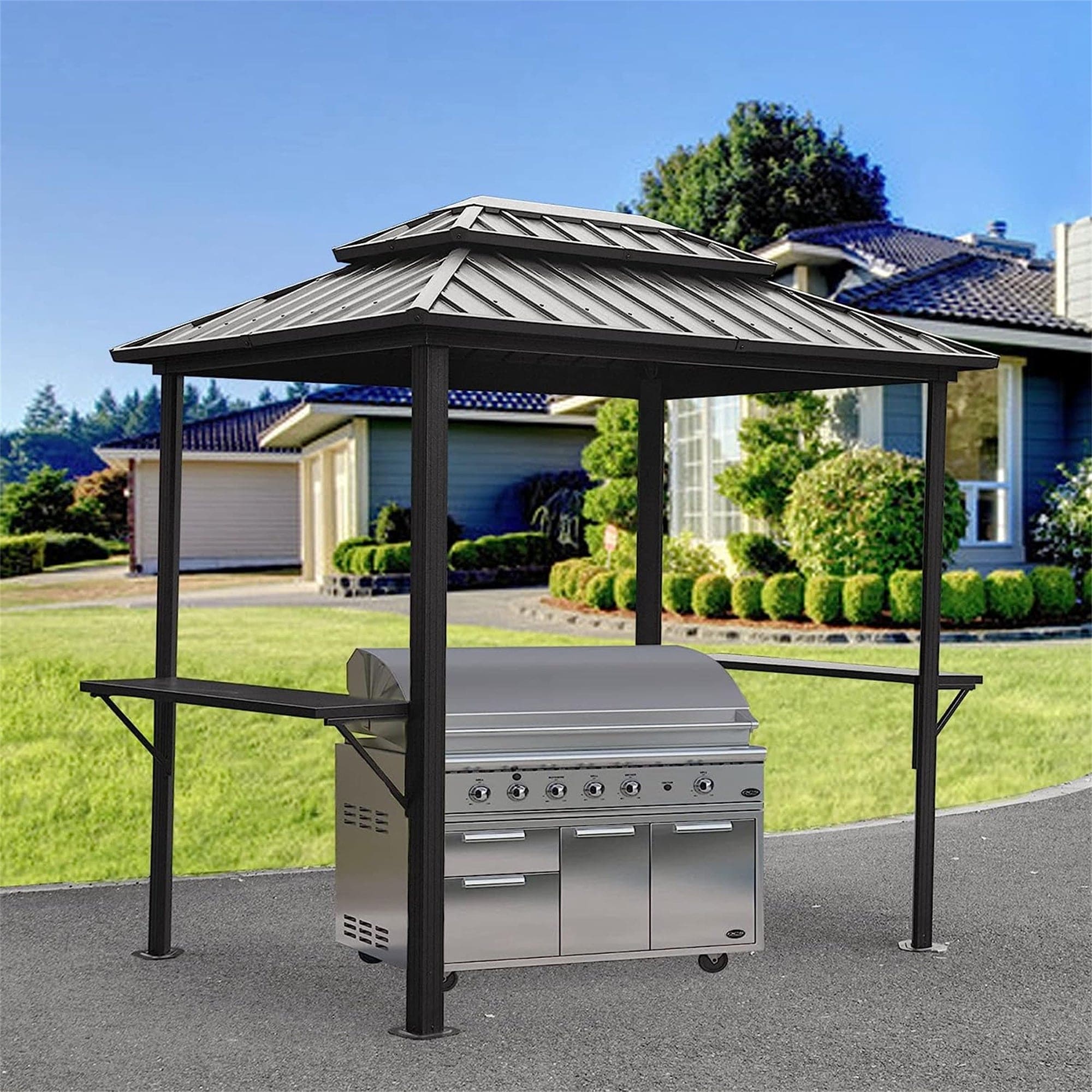 Grill Gazebo 8' × 6', Aluminum BBQ Gazebo Outdoor Metal Frame with Shelves Serving Tables, Permanent Double Roof Hard top Gazebos for Patio Lawn Deck Backyard and Garden (Grey)