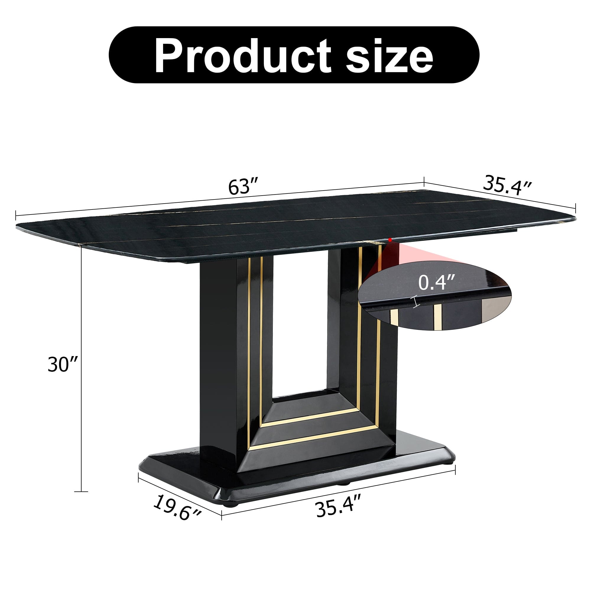 1 table and 4 black chairs. The table features a black imitation marble pattern desktop and black gold MDF legs. Pair with 4 black PU chairs. F-SQ C-007