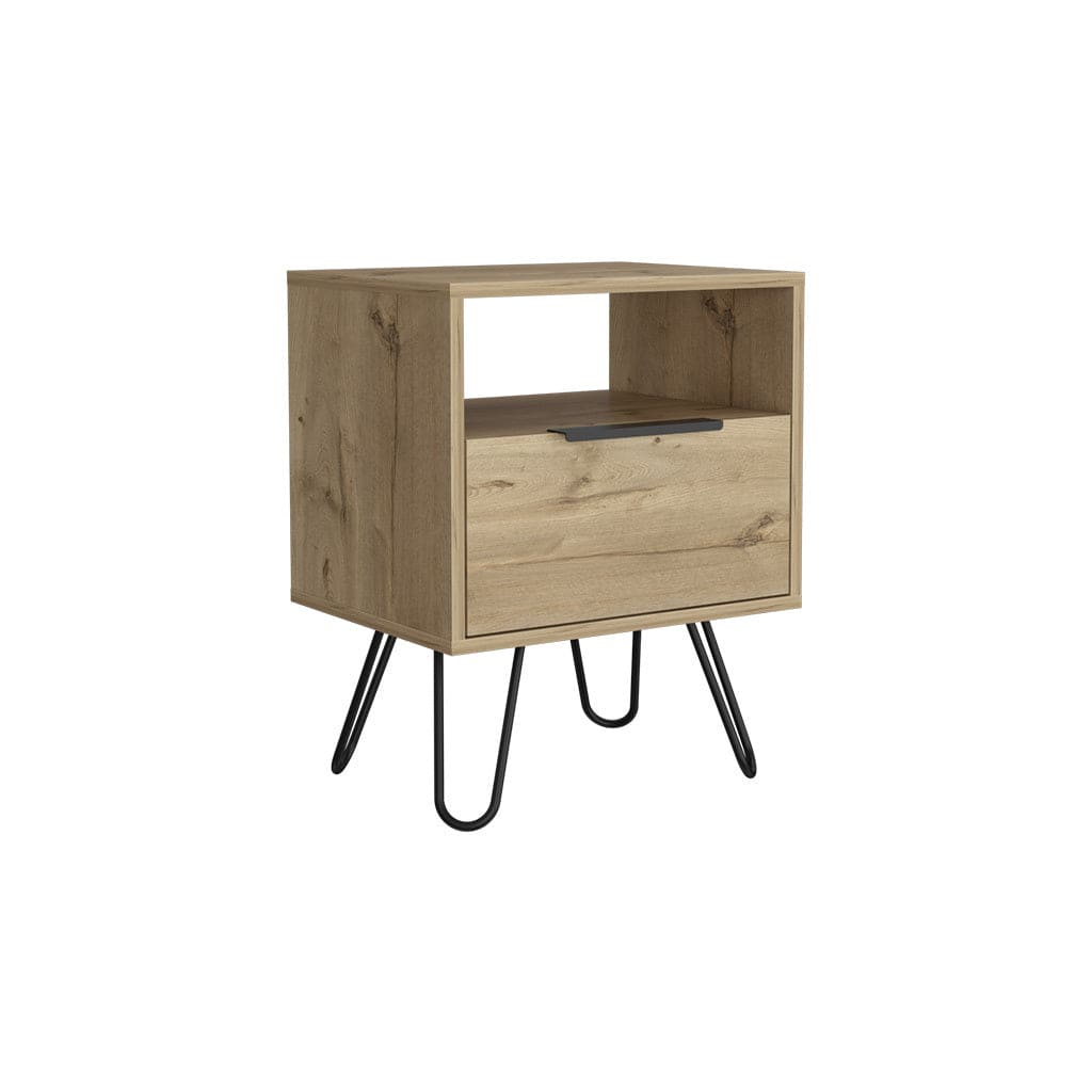 Nightstand Skyoner, Single Drawer, Hairpin Legs, Light Oak Finish