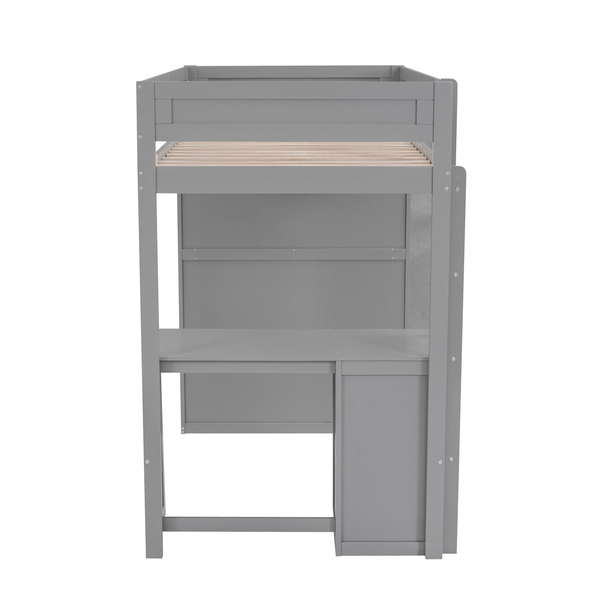 Wood Twin Size Loft Bed with Wardrobes and 2-Drawer Desk with Cabinet, Gray