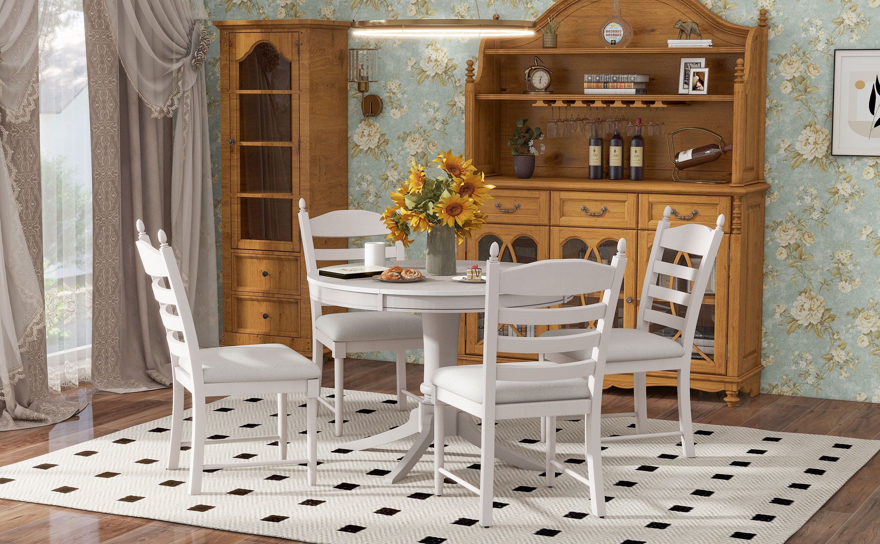 TREXM 5-Piece Retro Functional Dining Table Set Wood Round Extendable Dining Table and 4 Upholstered Dining Chairs (Antique White)