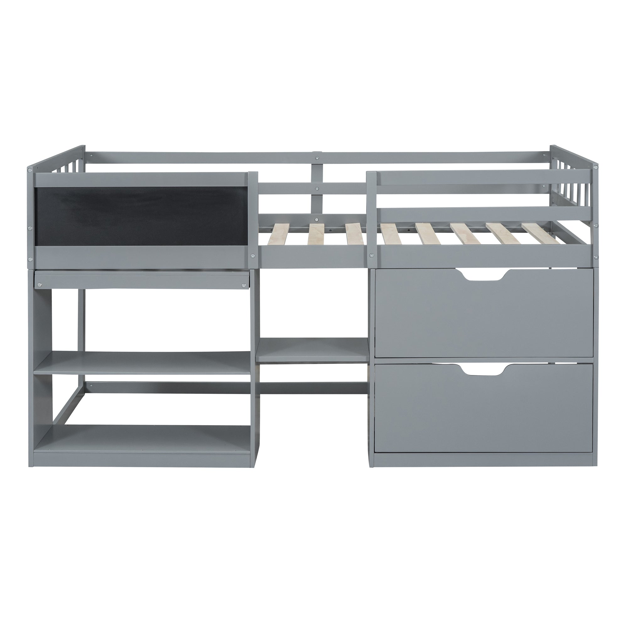 Twin Size Low Loft Bed with Rolling Desk, Shelf and Drawers - Gray