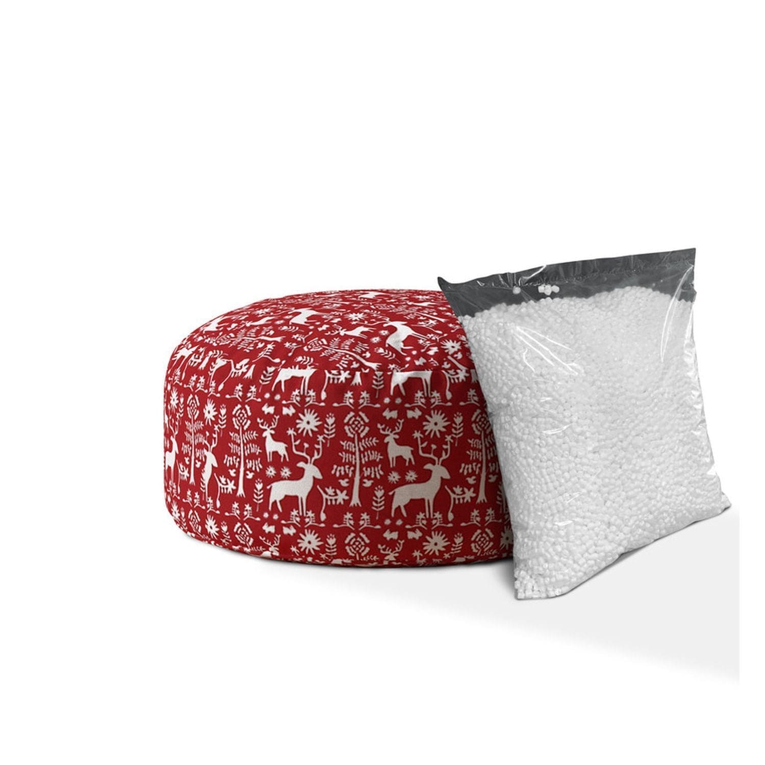 Indoor WONDERLAND Bright Red Round Zipper Pouf - Stuffed - Extra Beads Included! - 24in dia x 20in tall