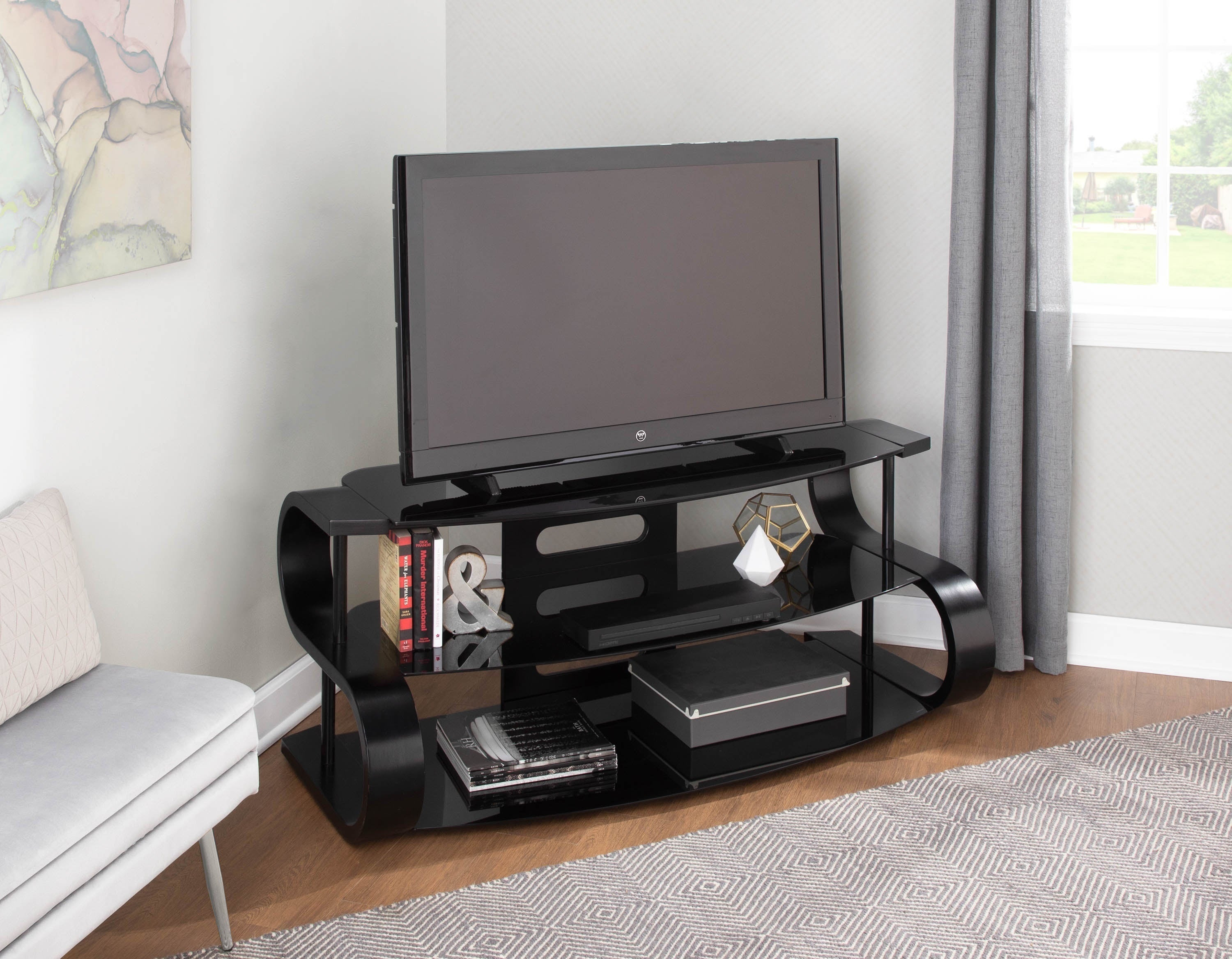 Metro 120 Contemporary TV Stand in Black Wood and Black Glass by LumiSource