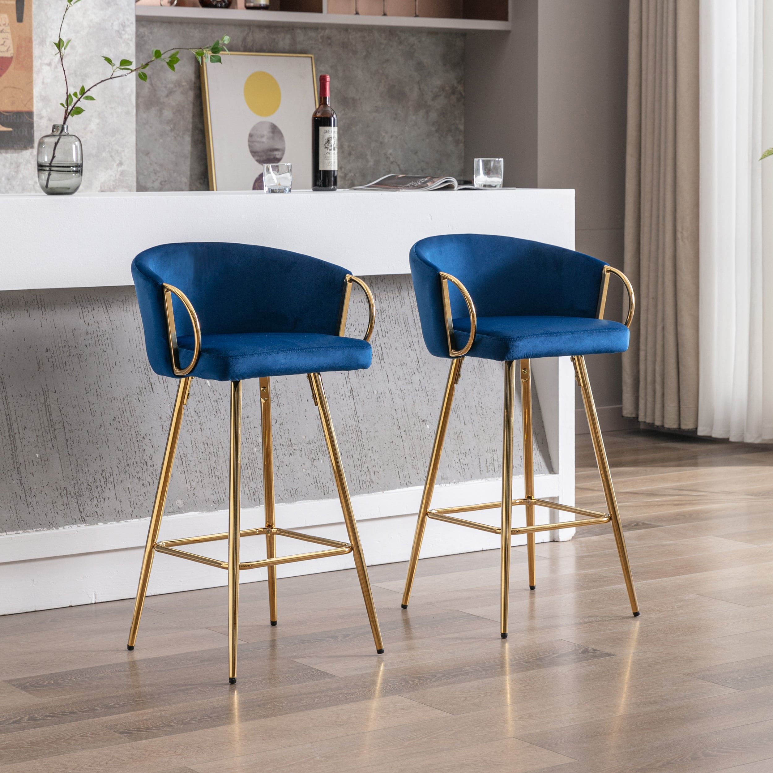 30 Inch Set of 2 Bar Stools,with Chrome Footrest and Base Velvet + Golden Leg Simple Bar Stool,BLUE