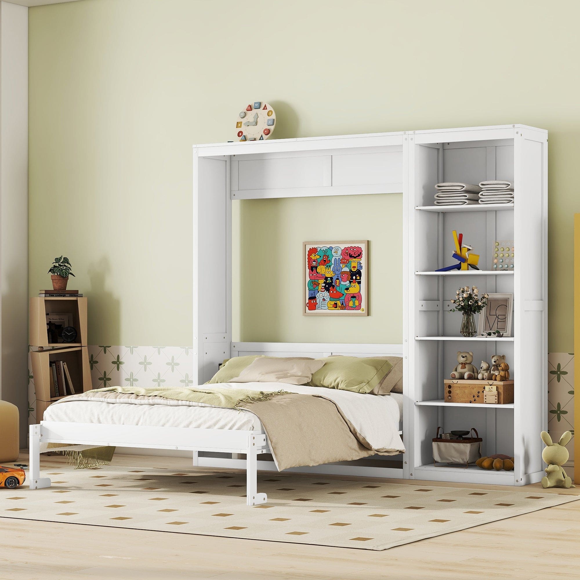 Queen Size Murphy Bed Wall Bed with Shelves,White