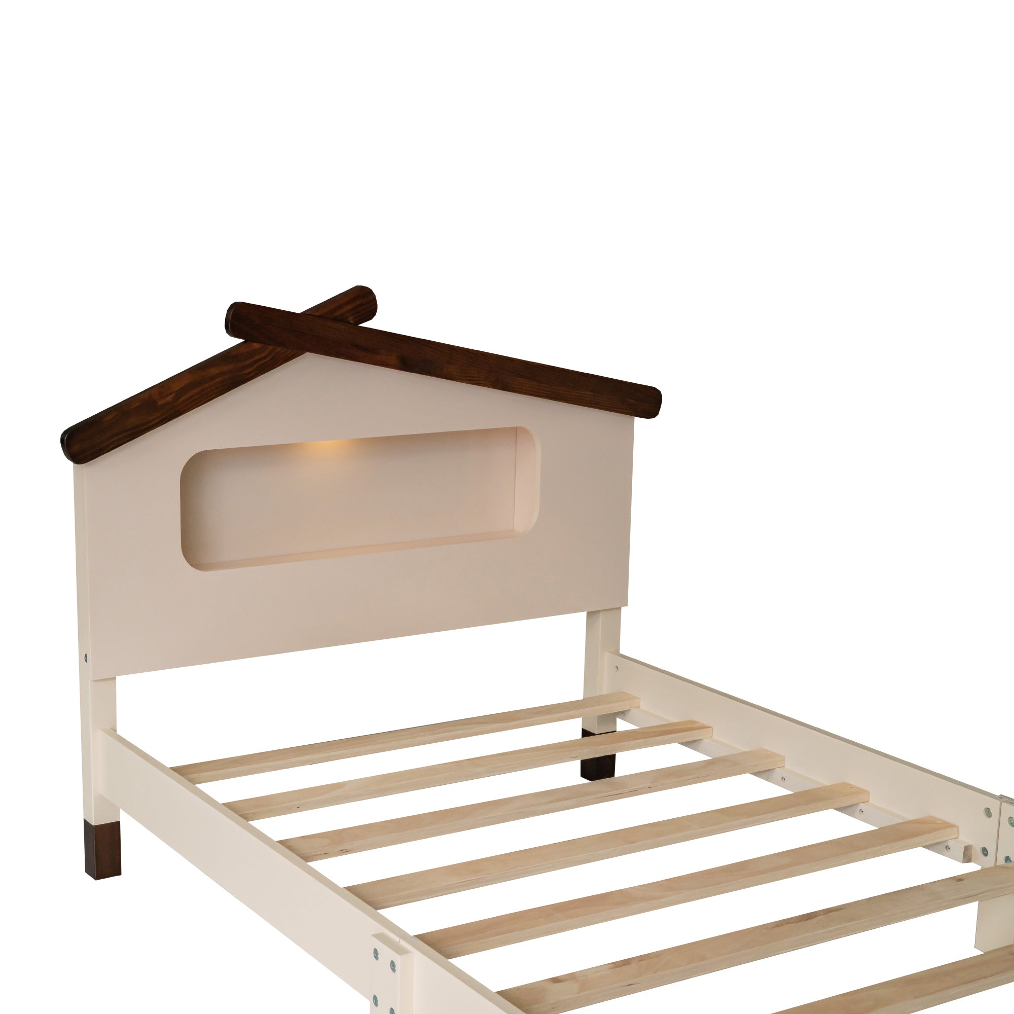 Twin Size Wood Platform Bed with House-shaped Headboard and Motion Activated Night Lights (Cream+Walnut)