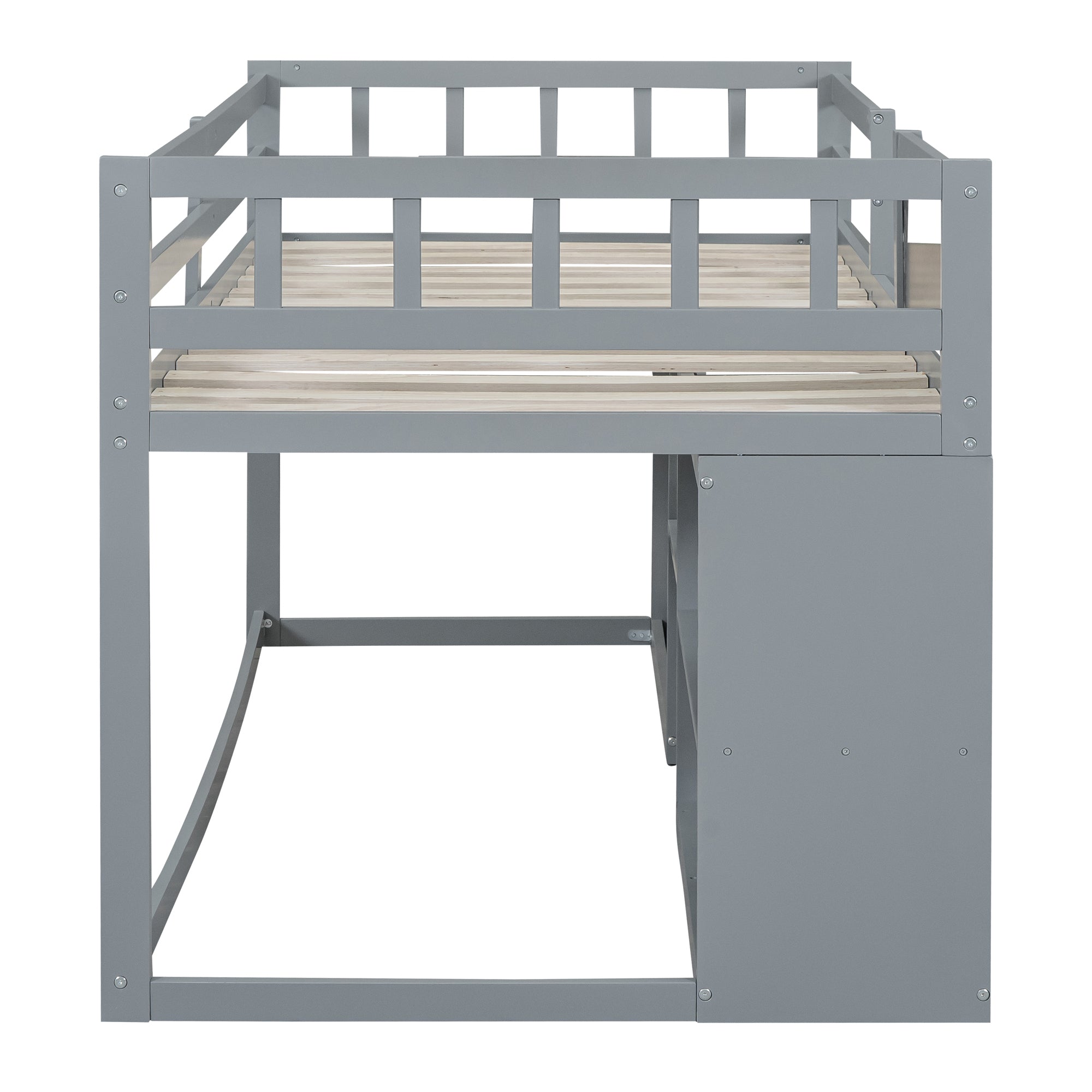 Twin Size Low Loft Bed with Rolling Desk, Shelf and Drawers - Gray