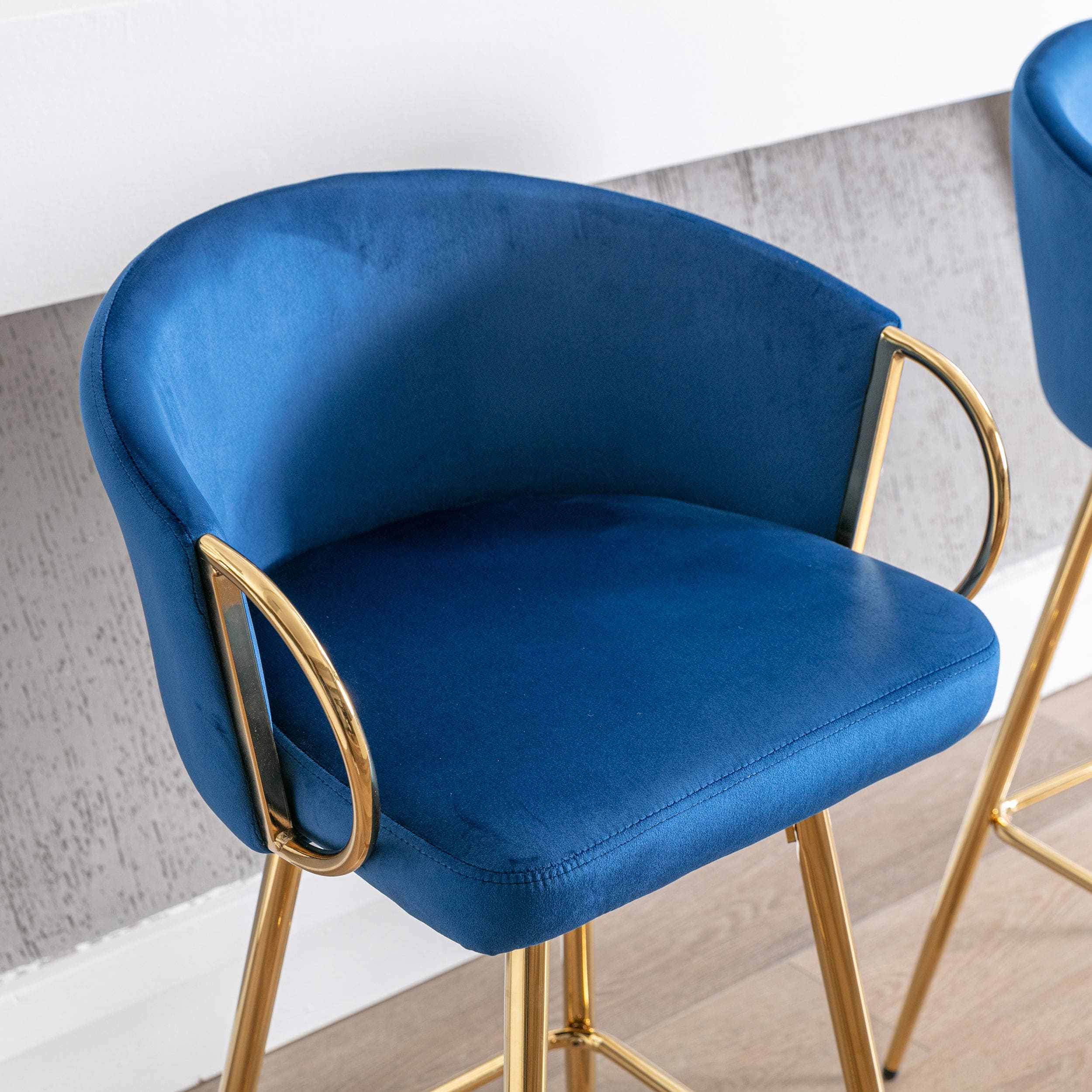 26 Inch Set of 2 Bar Stools,with Chrome Footrest Velvet + Golden Leg Simple Bar Stool,BLUE