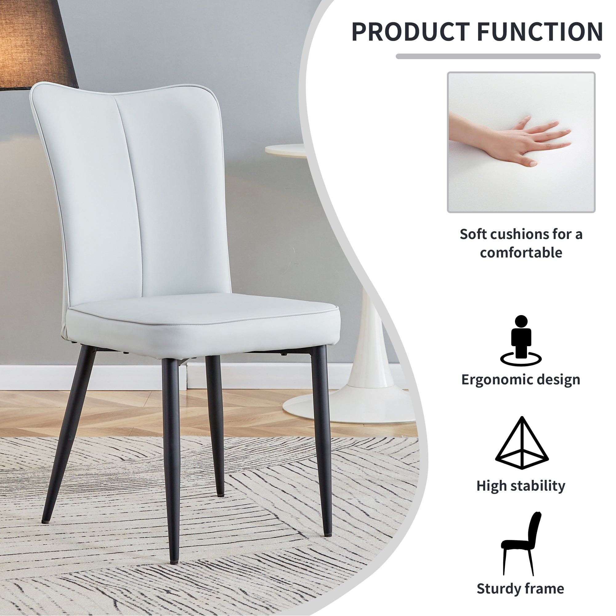 Modern minimalist dining chairs and office chairs. 2-piece set of light gray PU seats with black metal legs. Suitable for restaurants, living rooms, and offices. C-008