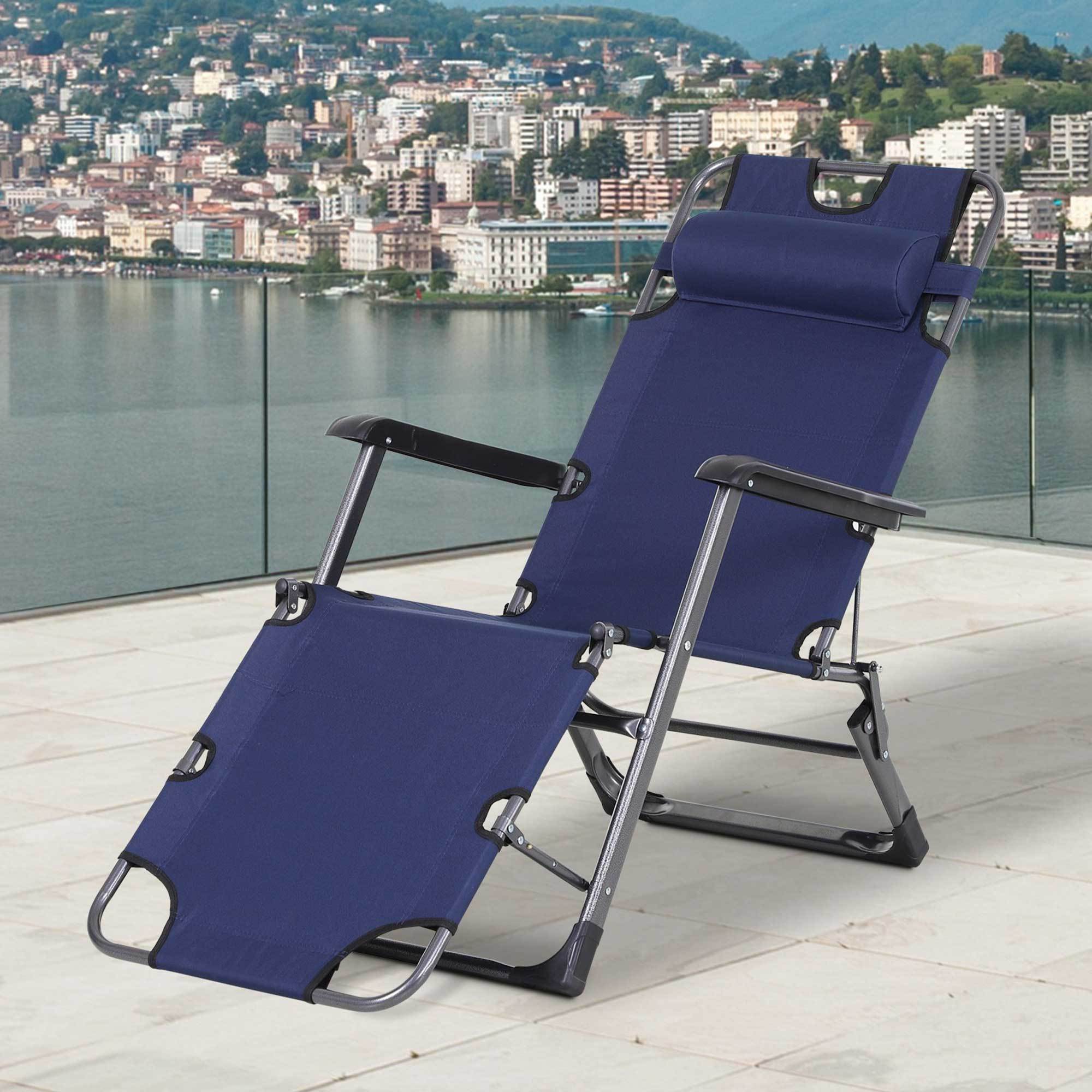 Outsunny Tanning Chair, 2-in-1 Beach Lounge Chair & Camping Chair w/ Pillow & Pocket, Adjustable Chaise for Sunbathing Outside, Patio, Poolside, Navy