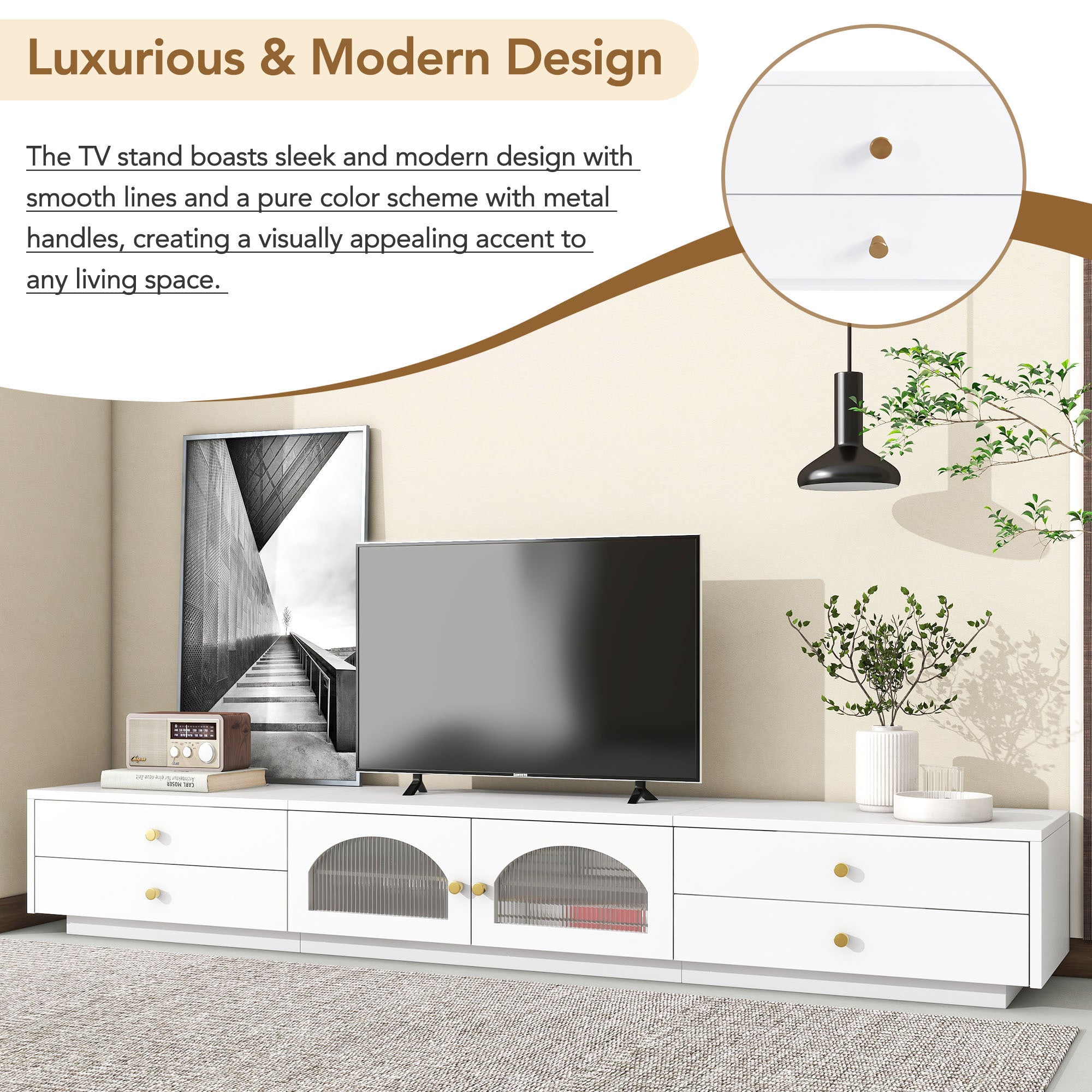 ON-TREND Luxurious TV Stand with Fluted Glass Doors, Elegant and Functional Media Console for TVs Up to 90'', Tempered Glass Shelf TV Cabinet with Multiple Storage Options, White